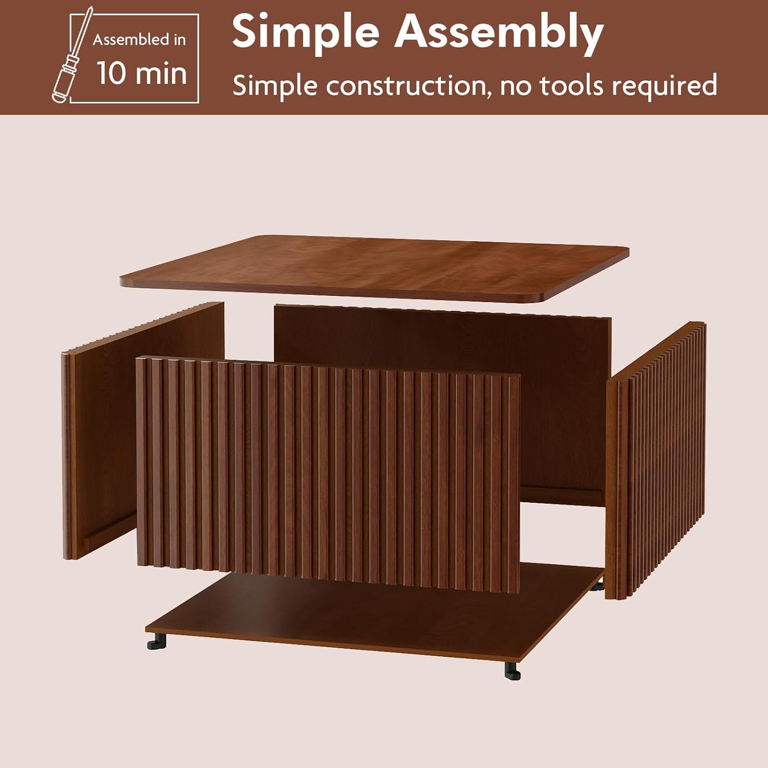 Fluted Coffee Table and End Table Sets-Living Room Square Tables with Large Storage, Mid Century Modern Wood Acccent Table Set of 3, Rustic Brown