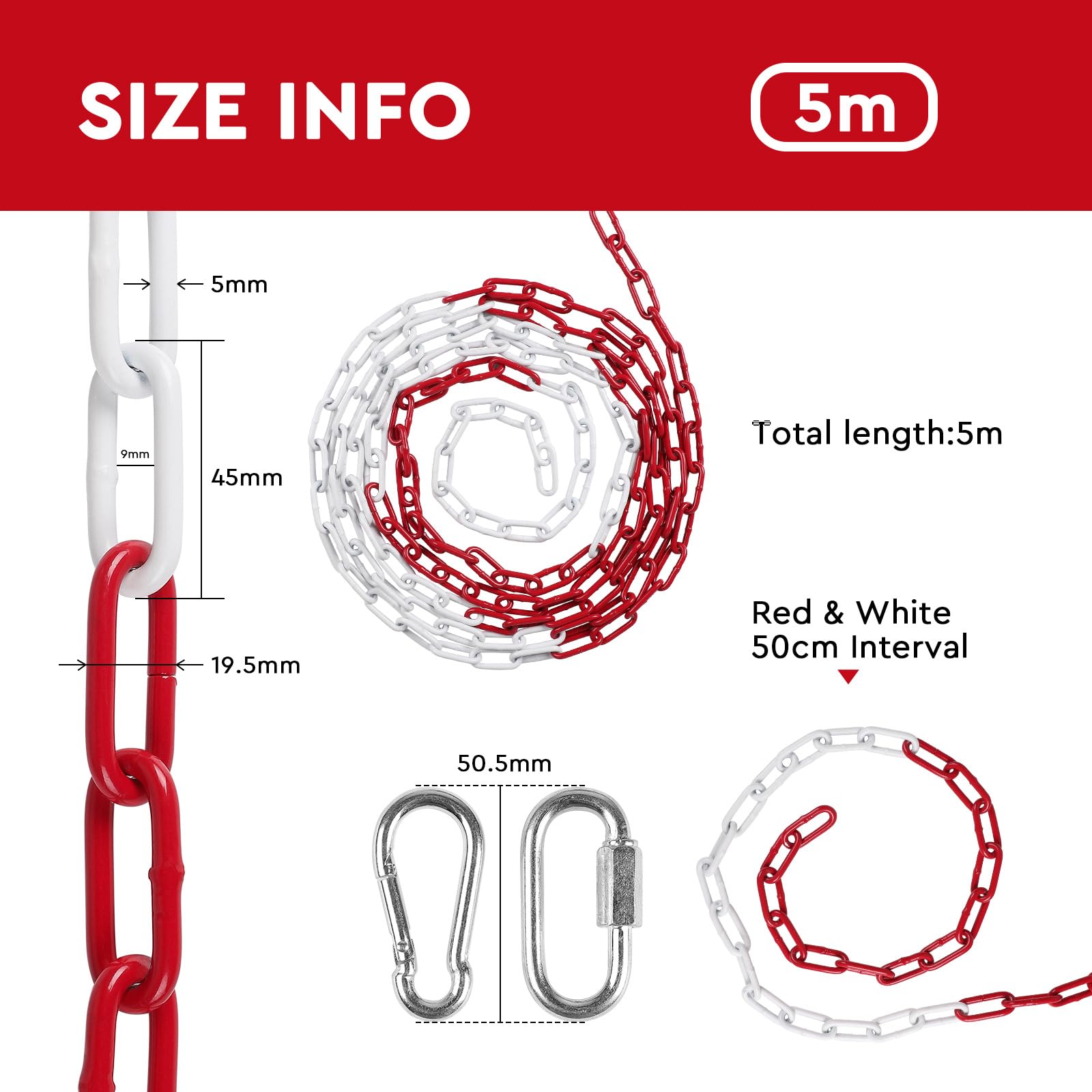 SWAWIS 5m Chaine Métallique Rouge et Blanche en Acier Galvanisé, 5mm d'Épaisseur Chaîne de Barrage avec Mousqueton, Chaîne de Signalisation pour Chantiers Routes Garages