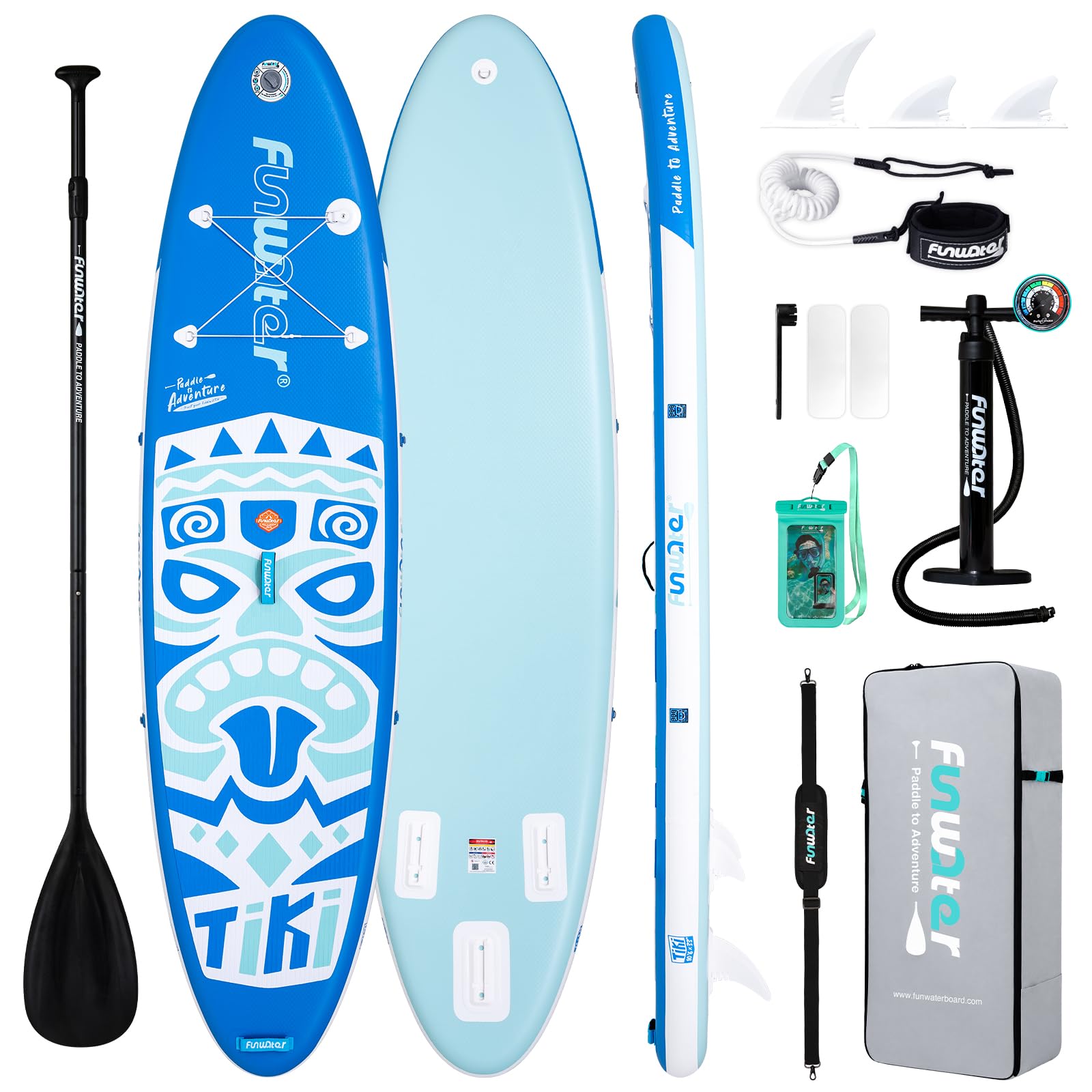 FunWater SUP gonflable ultra léger (8 kg) pour tous les niveaux de compétence, tout inclus avec planche à pagaie, pagaies flottantes Adj, pompe, sac à dos de voyage ISUP, laisse, sac à dos étanche 3 m