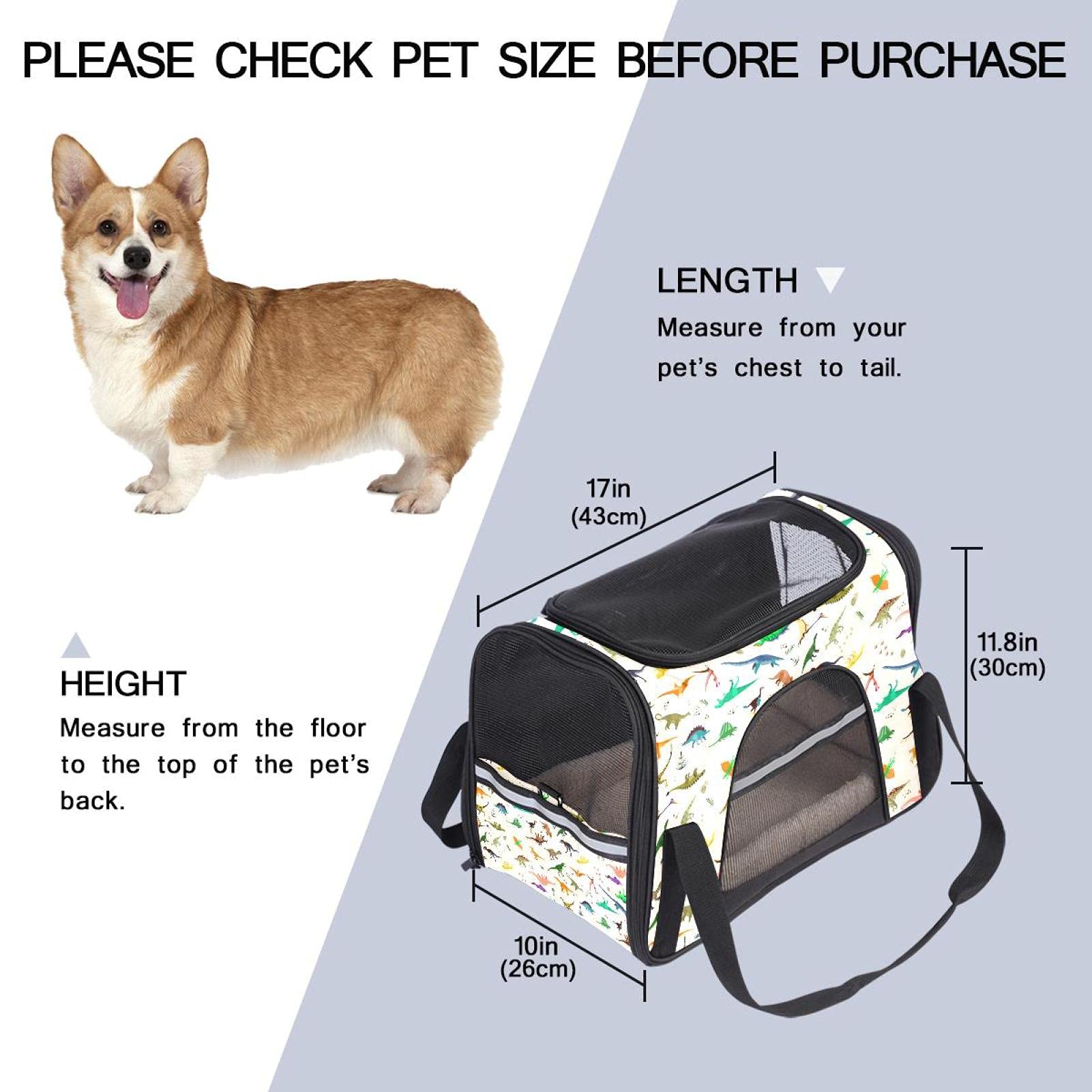 Cute Colorful Dinosaurs Pattern Portable Safe Travel Pet Bag, Soft Sided Dogs Carrier Bag with 3 Mesh Open Windows, Removable Mat and Breathable Mesh, Airline Approved