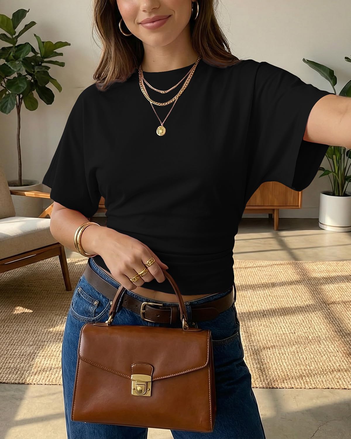 Cioatin Women Short Sleeve Ruched Cinched Waist Crop Tee Tops Y2K Vintage Clean Fit Round Neck Tshirt Casual Going Out Summer - Image 5