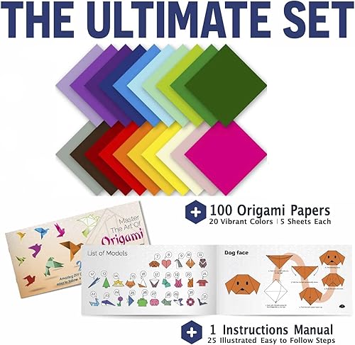Miniatura 2 de KOOL KRAFTS Papel de origami  Kit de 100 papeles de origami  El juego incluye 100 hojas de 20 colores básicos de 6 x 6 pulgadas, doble cara, libro