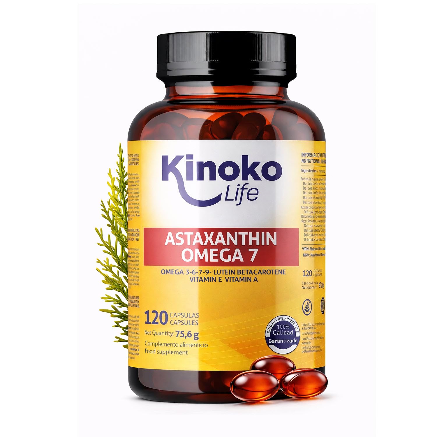 Astaxantina y Omega7 de Aceite de Espino Amarillo - 120 Cápsulas con Omegas 3, 6, 7, 9, Luteína, Betacaroteno, Vitaminas E y A. Sin Gluten. GMO Free