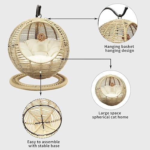 Miniatura 6 de Vida Vistoso Cama para gatos tejida a mano, cesta colgante para mascotas para interiores y exteriores, hecha a mano, mimbre de ratán, hamaca para