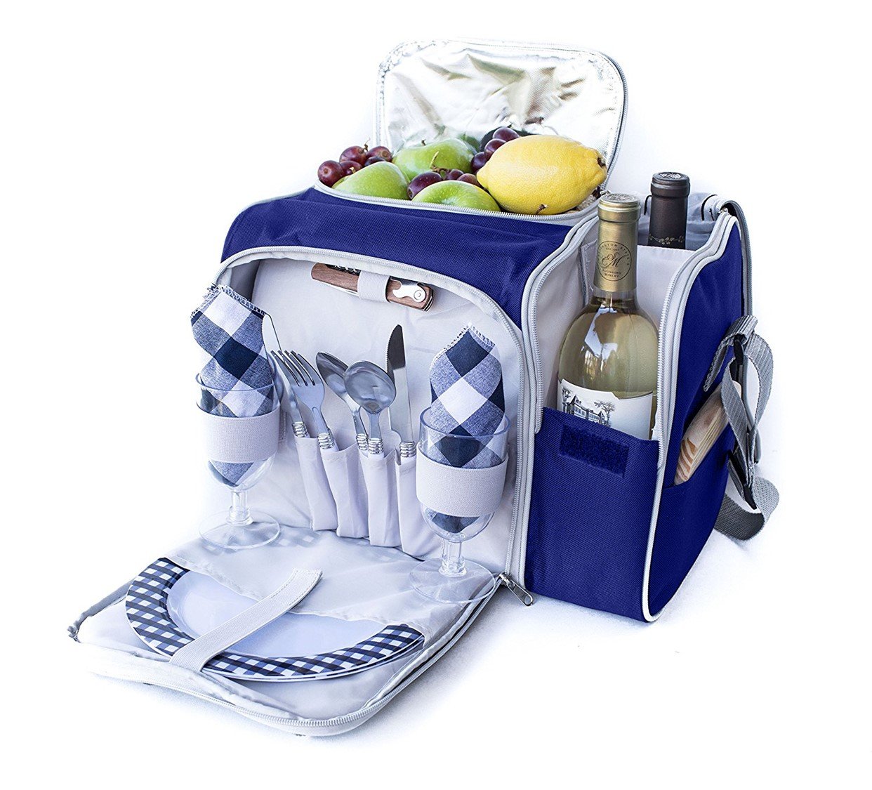Picknickkorbtaschen-Set für 2 Personen, isolierte Tragetasche mit Kühlfach, 2 Flaschenabschnitte, inklusive Weingläser, Teller, Besteck und komplettem Besteck