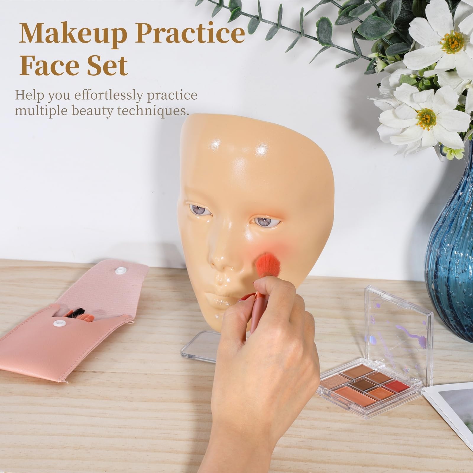 Kit visage de pratique maquillage, visage mannequin en silicone avec support, palette fards à paupières 7 couleurs, 8 pinceaux de maquillage, kit complet pour débutants, pour progresser