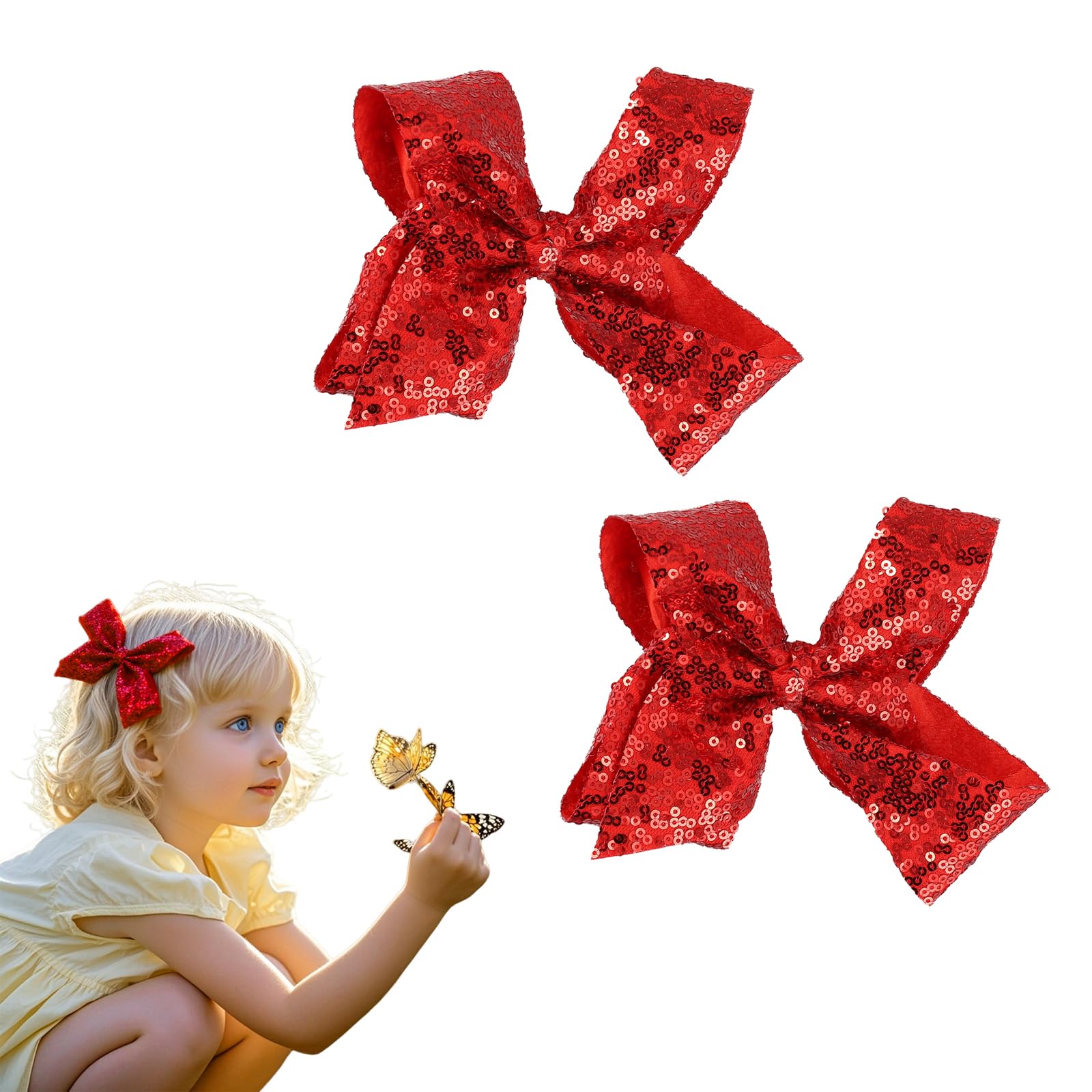 Xvbhaq 2 Pack Glitter Red Sequin Bow Hair Clips for Girls and Women Sparkling Party Accessories, Sequin Girls Decoration