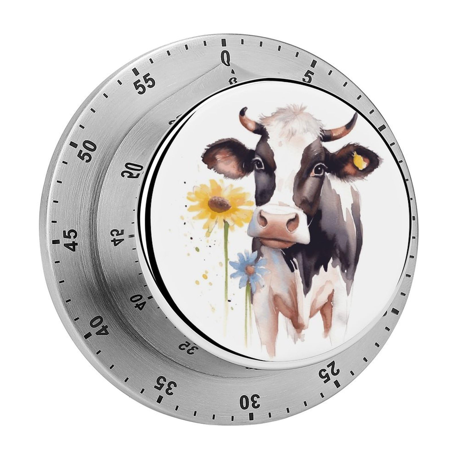 Mechanical Kitchen Timer with Magnetic Back, Stainless Steel Manual Watercolor Cow and Daisy Flower Printed Timer for Cooking and Time Management