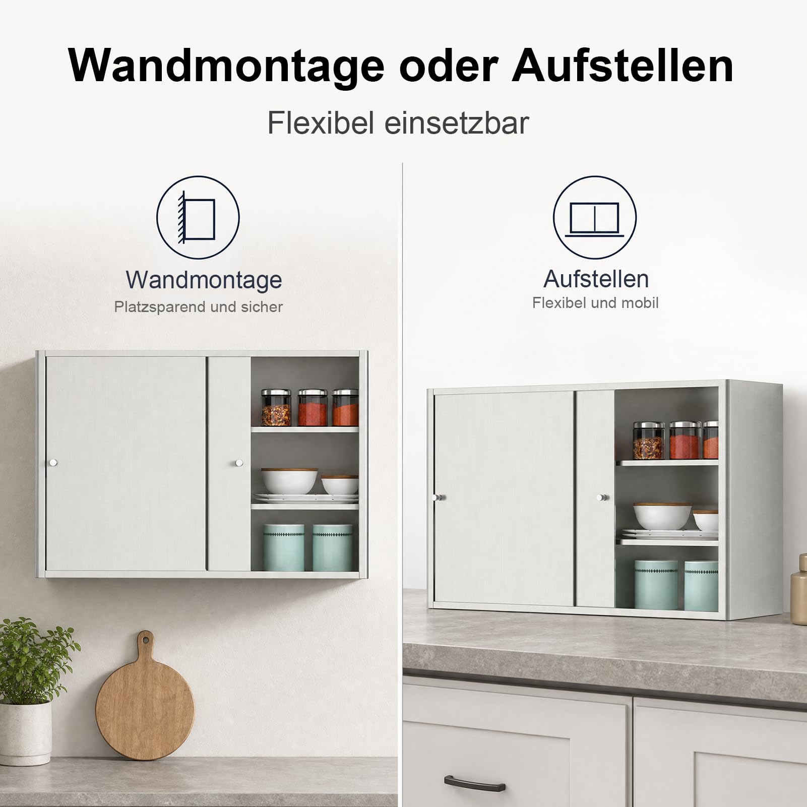 HJZALMI Wandhängeschrank aus Edelstahl, Tragfähigkeit bis 50 kg montagefrei | mit 2 Schiebetüren und herausnehmbaren Einlegeböden, geeignet für Küche, Bad, Garage, Lagerhalle und Balkon