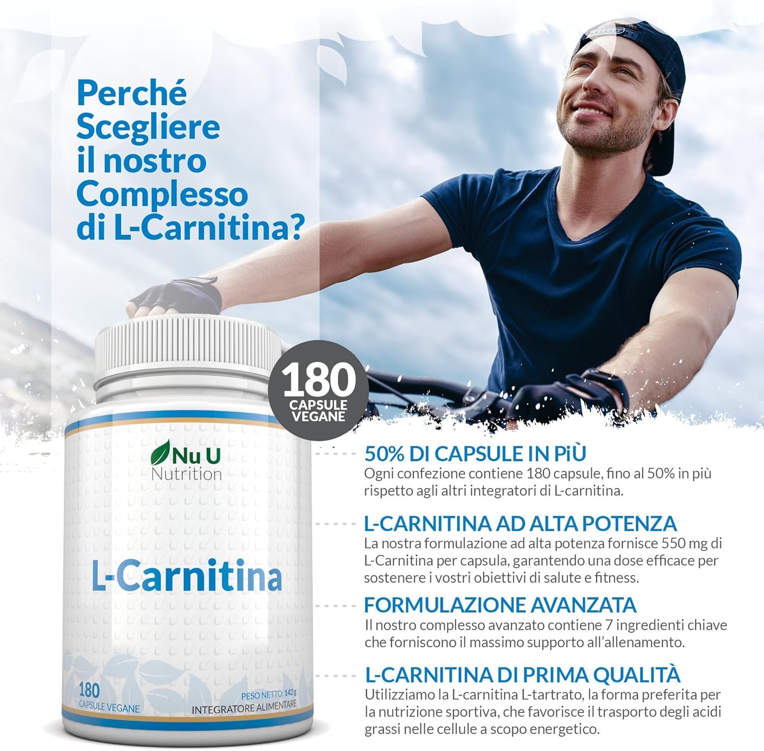 L-Carnitina Tartrato Forte - 180 Capsule Vegane - 550mg di Carnitina per Capsula - Con Vitamine & Minerali - Integratore Pre e Post Workout per Sportivi - Prodotto in Europa - Nu U Nutrition