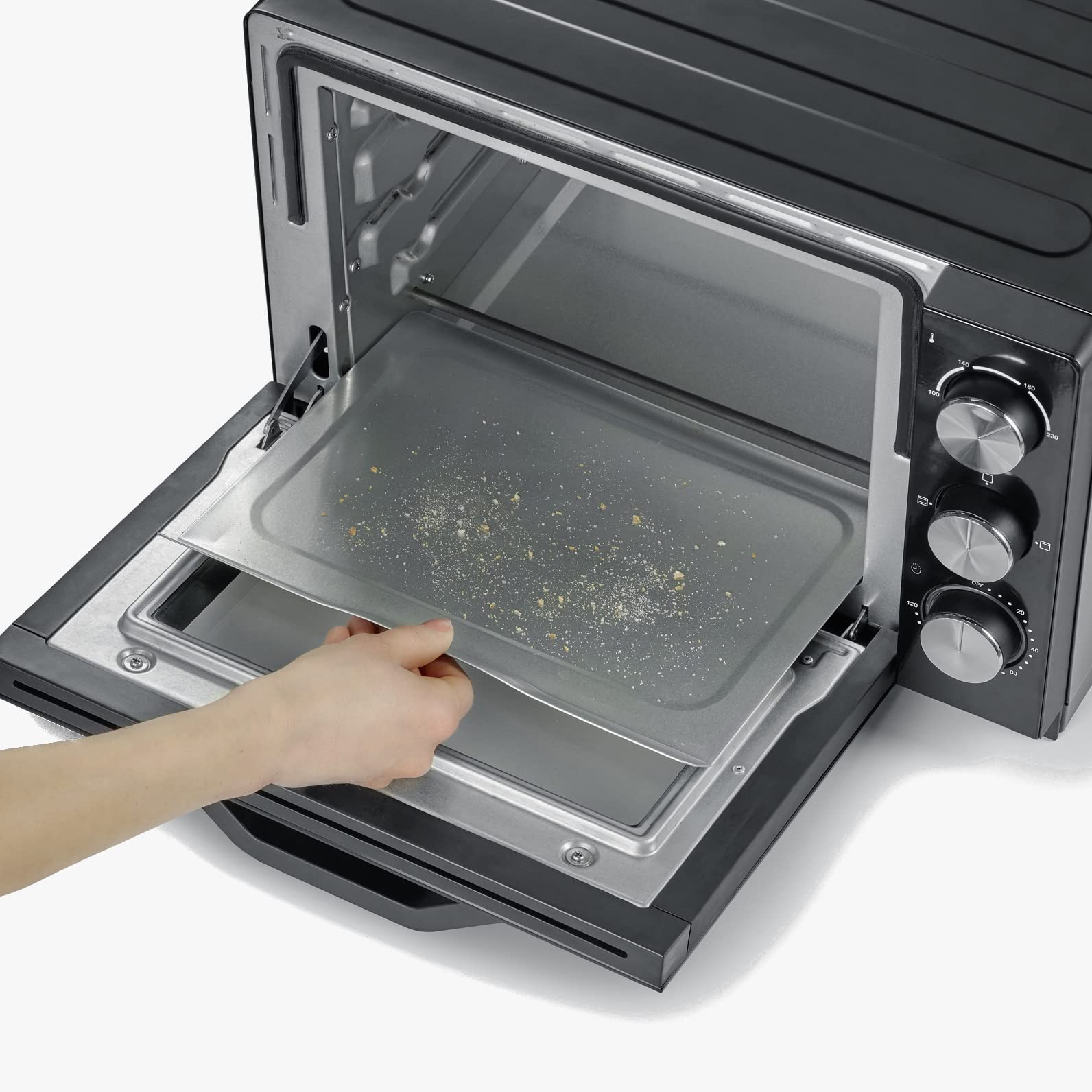 SEVERIN Back- und Toastofen mit Umluftfunktion, Mini Backofen mit Grillrost, Backblech und Krümelblech, bis zu 230 Grad, vielseitiger Toastofen mit 20 L Kapazität, 1.380 W, schwarz, Edelstahl, TO 2070