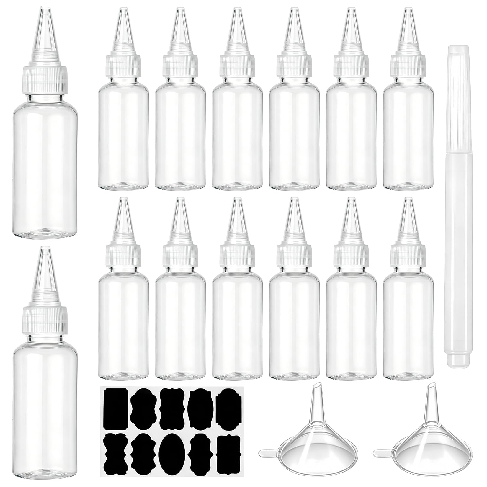 Prebarfun 16-delige Knijpfles 60ml, lege Knijpfles, plastic flessen voor vullen, kleine sausfles met doppen, trechters, etiketten voor sauzen, verf en oliën enz