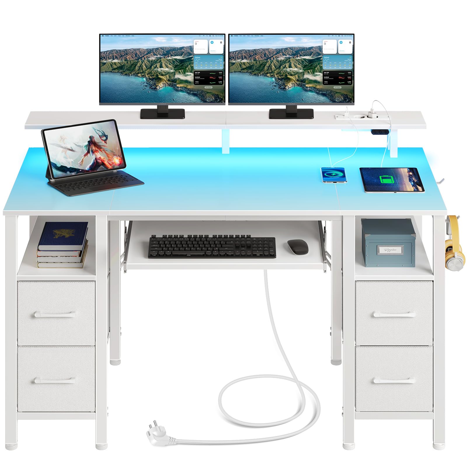 Seventable Escritorio Gaming con Cajones, Mesa Escritorio Led con Tomas de Corriente y Puertos USB, Escritorio para Ordenador con Bandeja para Teclado, Soporte para Monitor(Blanco, 120x47x88cm)