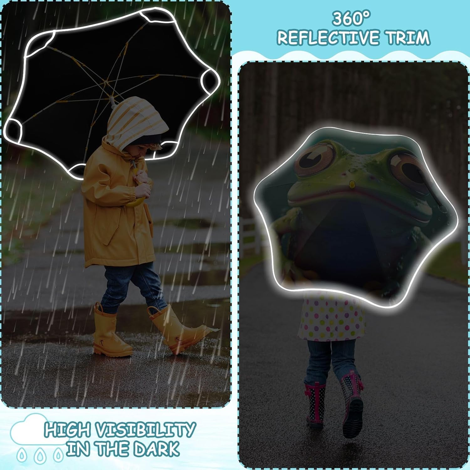 ODAWA Frog Green Stick Umbrellas for Kids with Hook Handle Rounded Corner Umbrellas for Rain Age 3-8
