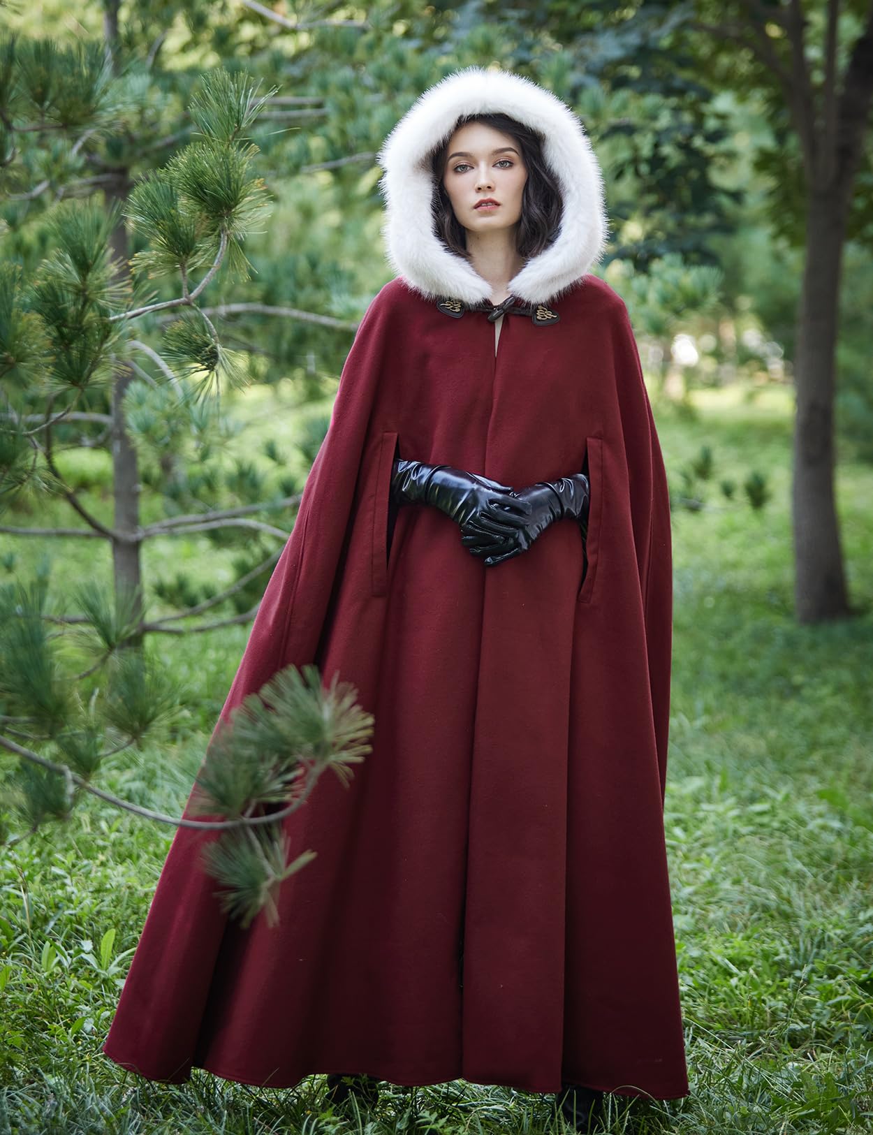BEAUTELICATE Women Hooded Cape Coat Long Wool Cloak with Hood Vintage Overcoat Plus Size for Winter Wedding Bride Medieval Halloween Christmas Cosplay Costume 140cm - Image 2