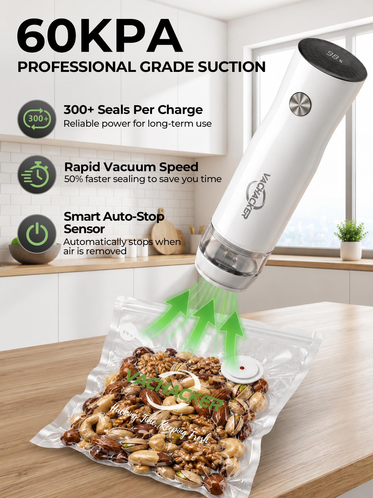 Envasadora al Vacío, Vachacker Maquina Vacio Alimentos Portátil | Envasadora al Vacío domestica con Tanque Visible para Uso Doméstico y Comercial, Potente de -60kPa, Incluyendo 30 Bolsas