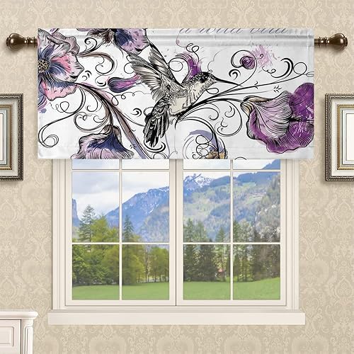 Miniatura 2 de Cortinas de cenefas, patrón floral de colibrí, para sala de estar, cenefa para ventana, cenefa de cortina con bolsillo para barra, 52 x 18 pulgadas,