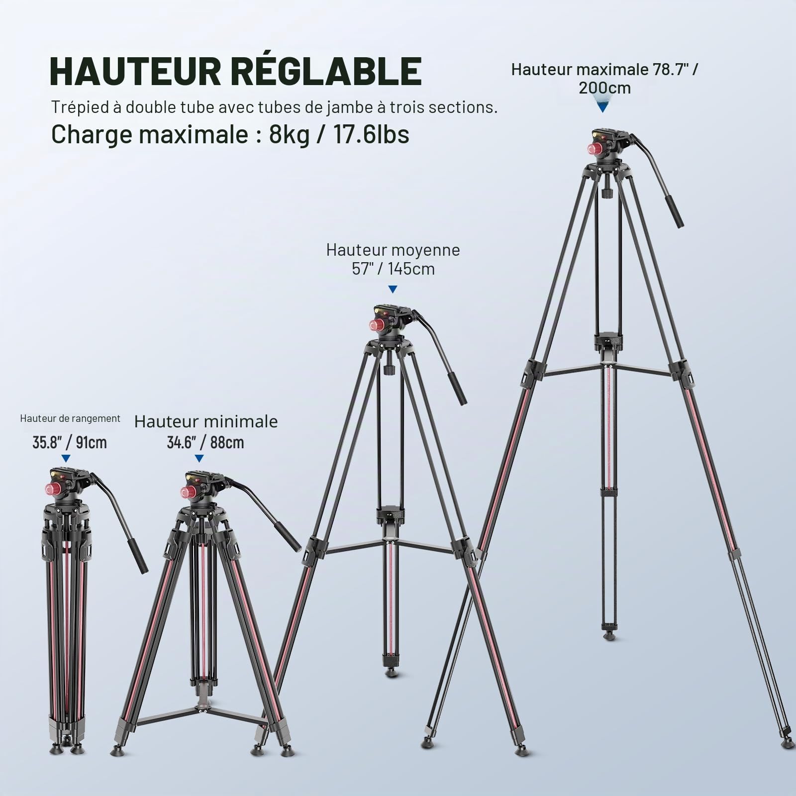 NEEWER Trépied pour appareil photo vidéo 2 m avec tête fluide, trépied haute performance en aluminium avec fermeture rapide et plaque QR compatible avec caméscope Canon Nikon Sony DSLR Charge maximale