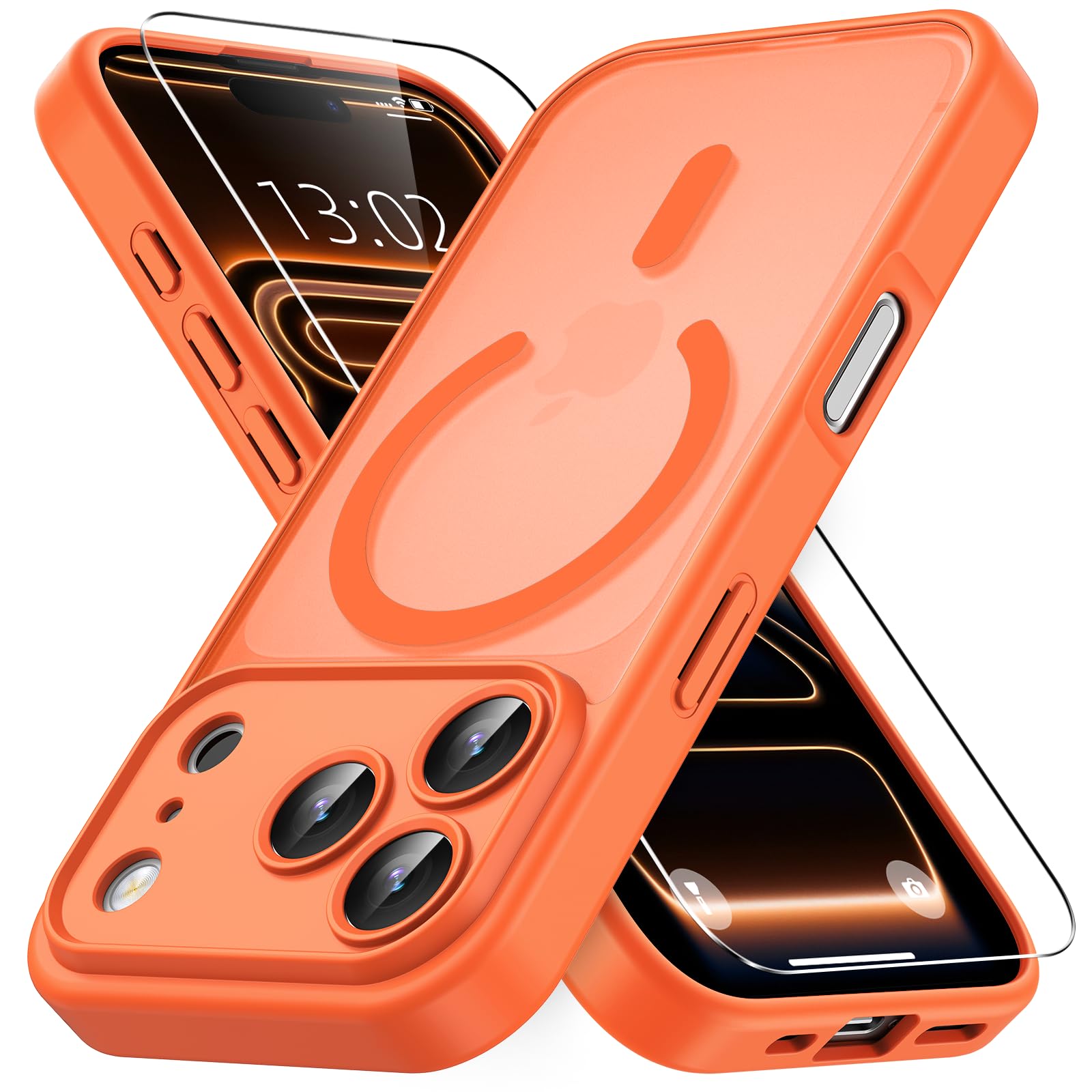 Vansdon Cover Magnetica per iPhone 17 Pro con 1 Pezzi Vetro Temperato, Compatibile con Magsafe, Protezione anticaduta di livello militare, Custodia Traslucida Opaca Sottile Antiurto-Arancia