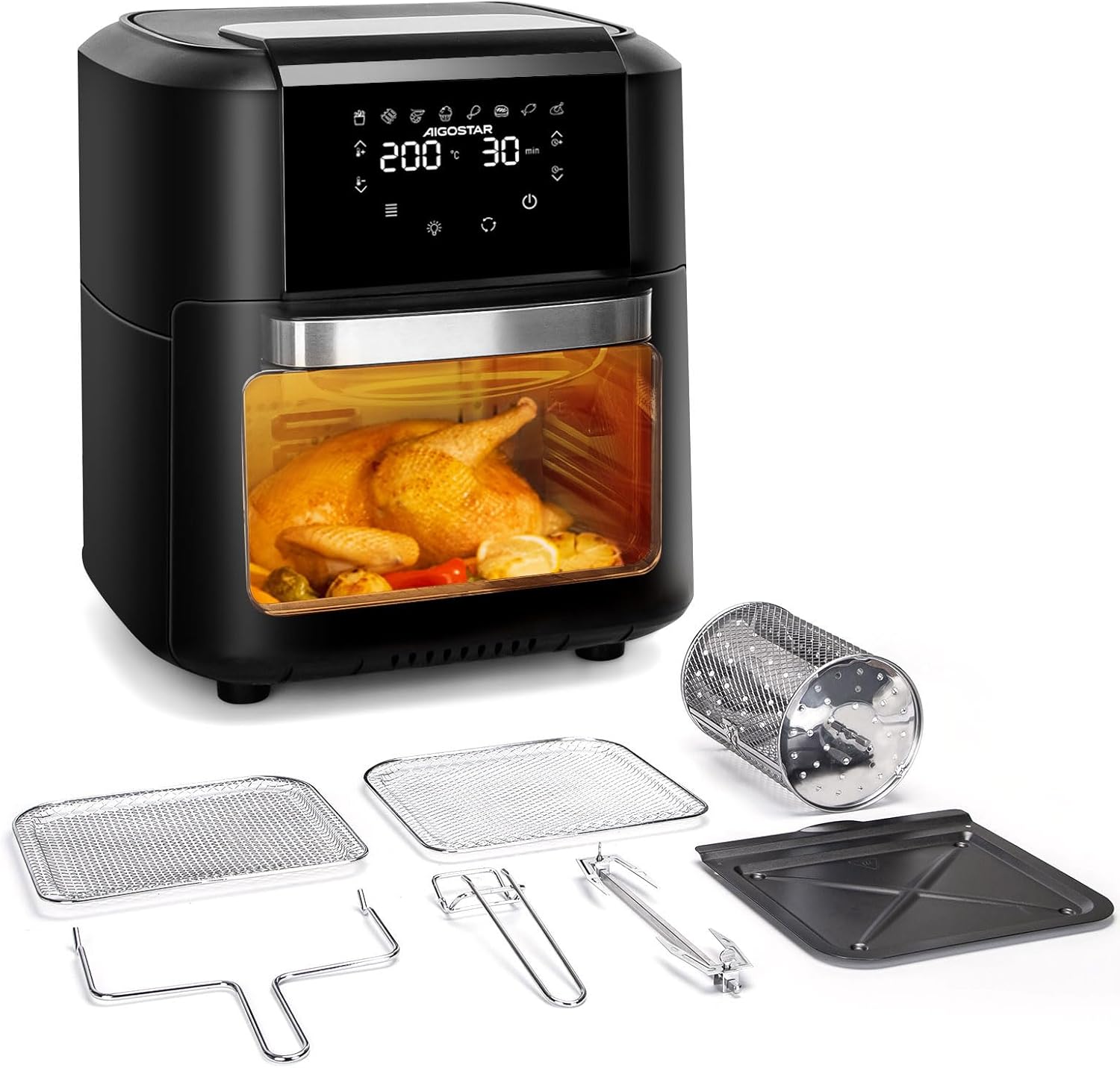 Aigostar Owen - Forno ad aria multifunzione, Friggitrice ad aria da 12 litri, 1700 W, Touch screen LED, 8 modalità preimpostate, include 7 accessori, sistema rotante, BPA FREE Aigostar Owen - Forno ad aria multifunzione, Friggitrice ad aria da 12 litri, 1700 W, Touch screen LED, 8 modalità preimpostate, include 7 accessori, sistema rotante, BPA FREE