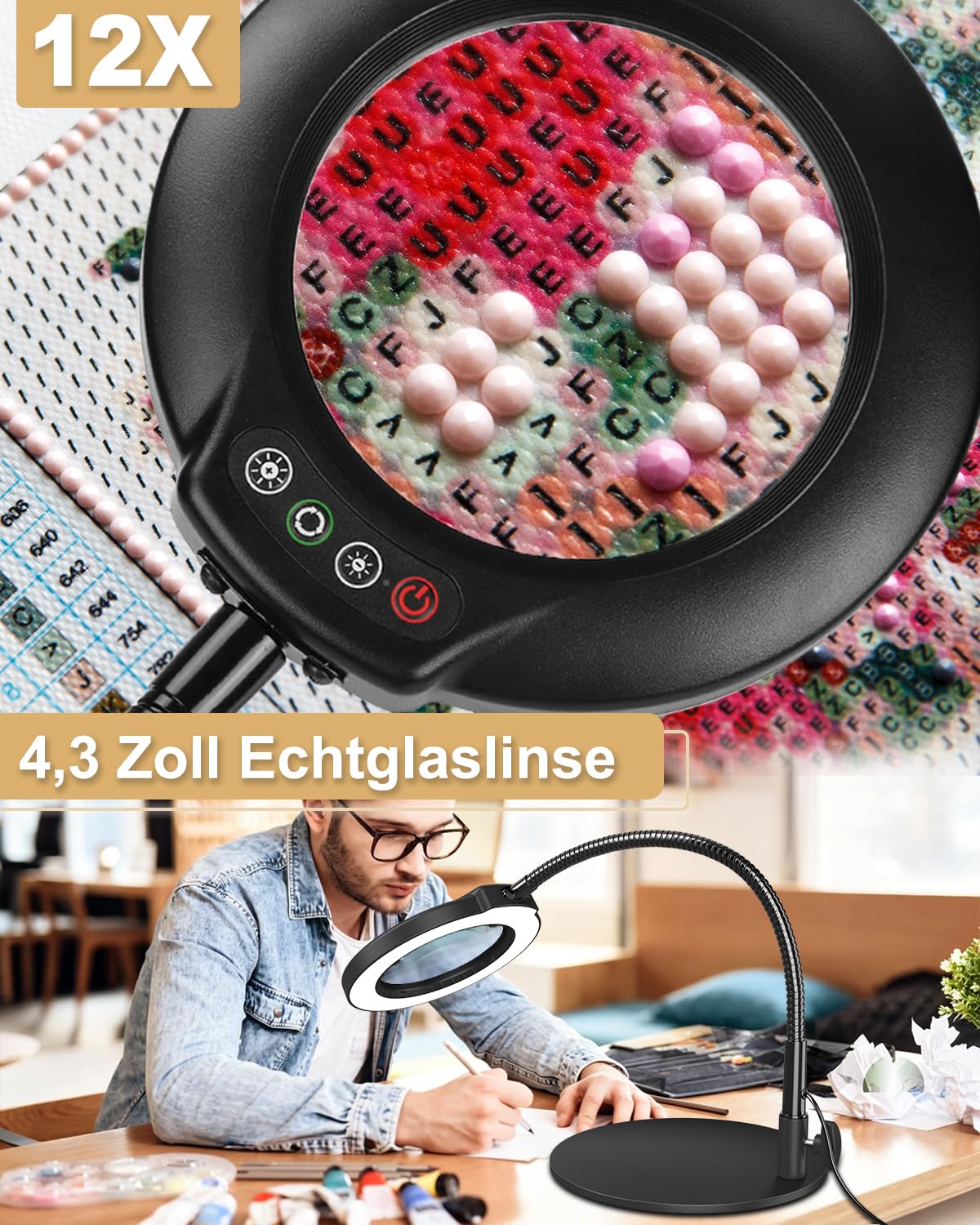 Veemagni 12X Lupe mit Licht und Standfuß, Groß 16,5 Zoll Flexibler Schwanenhals, stufenlos dimmbare LED-Schreibtischlampe mit 5 Farbmodi, freihändige Lupe für Basteln, Hobbys, Nähen, Schwarz