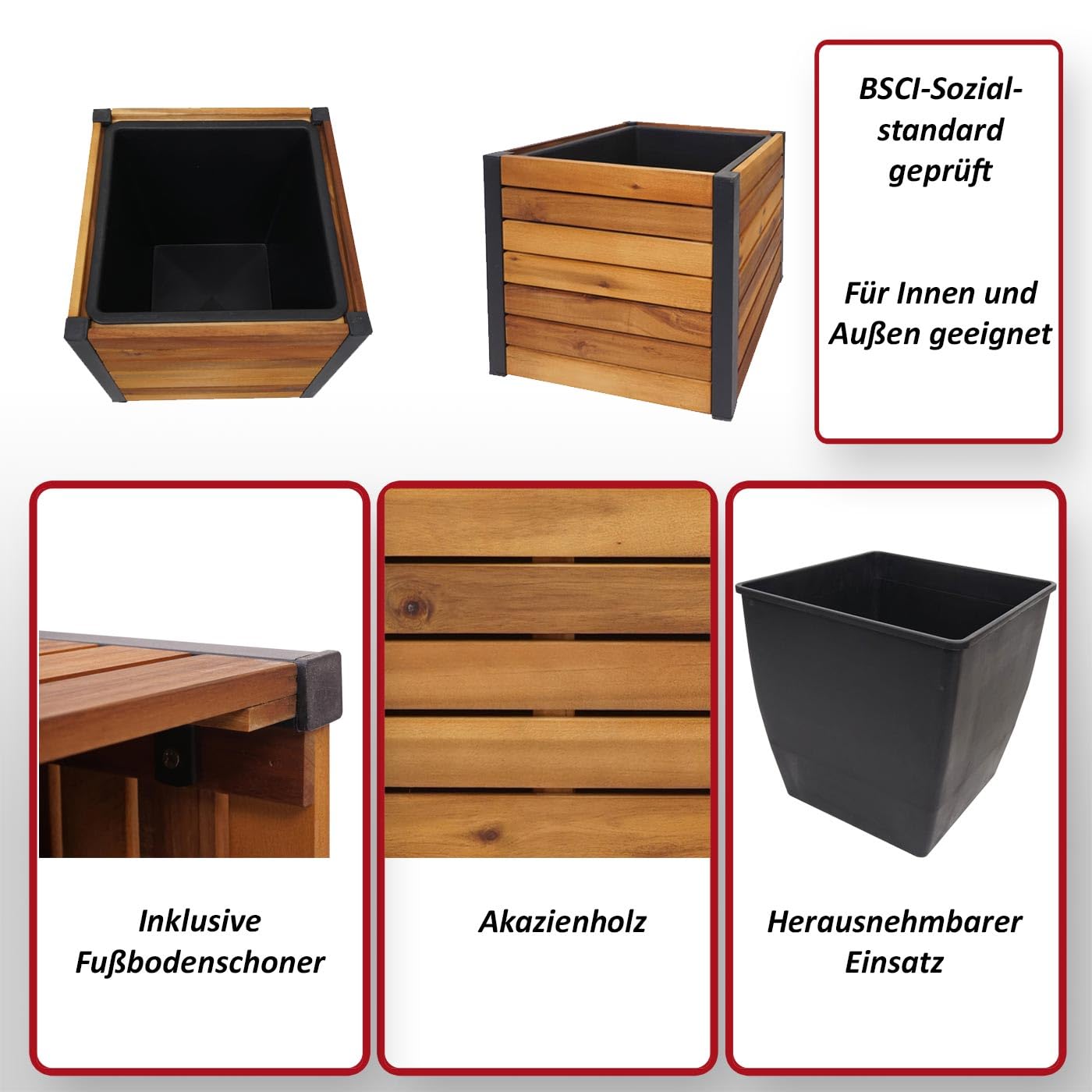 Jardinera HWC-L23, Maceta Grande para Exteriores, Madera de Acacia, Aluminio con Certificado MVG, 32 x 34 x 34 cm, Marrón | Jardinera elevada, exterior, madera, certificación FSC®, aluminio