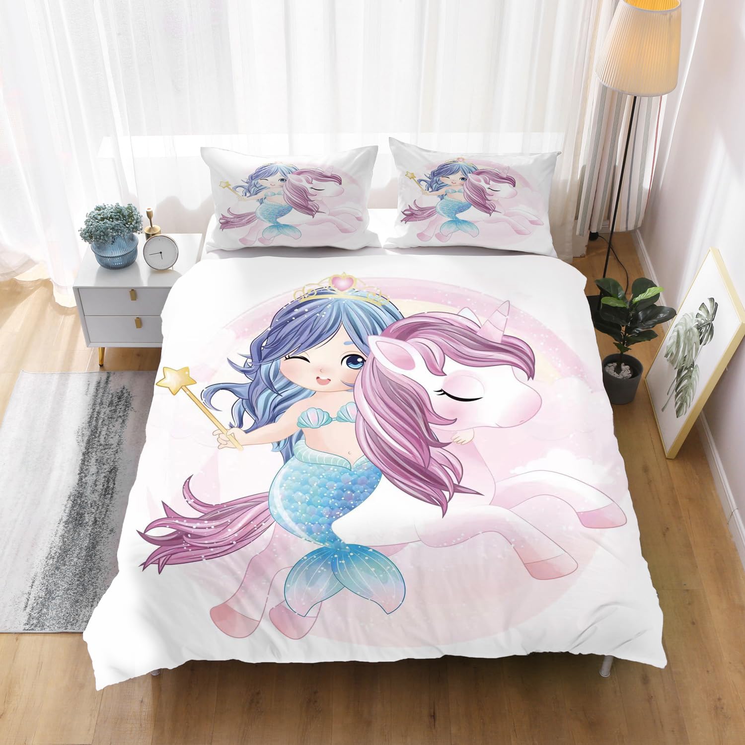 Mermaid Bedding Single Set Pink Girls Duvet Cover with 2 Pillowcases Unicorn Kids Bedding Sets Microfiber Quilt Cover Lovely Bedroom Accessories Ultra Soft Quilt Cover Zipper Closure, 140x200cm