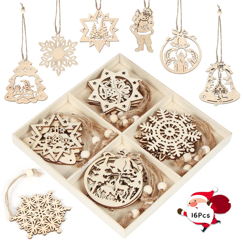 Colgante de Madera Navideño, 16 Piezas Adornos de Madera para Árbol de Navidad, Colgante Navidad Madera con Cuerdas y Cuentas, Adornos Colgantes para Navidad y Fiesta Decoración