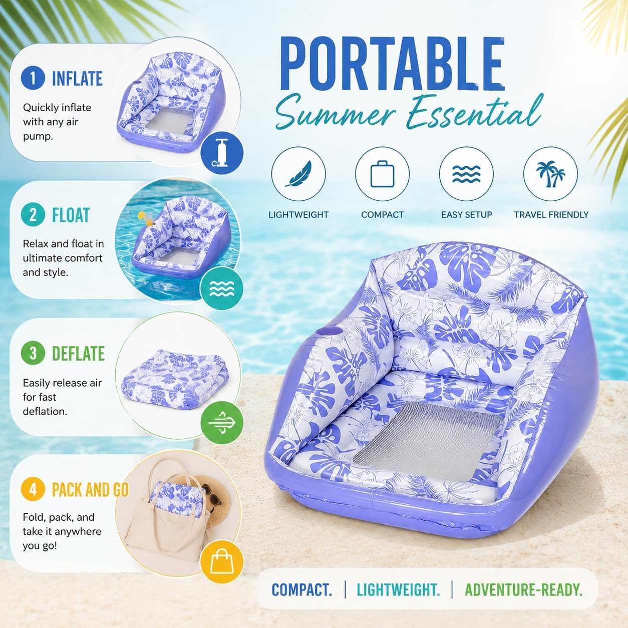 Sillón flotante inflable para piscina con asiento de malla y portavasos integrado – Sofá flotante de PVC con estampado tropical – Inflado rápido para piscinas y lagos (modelo individual)，verde