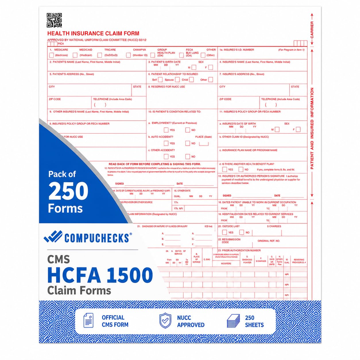 Compuchecks CMS-1500 HCFA Health Insurance Claim Forms, 02/12, 250 Sheets