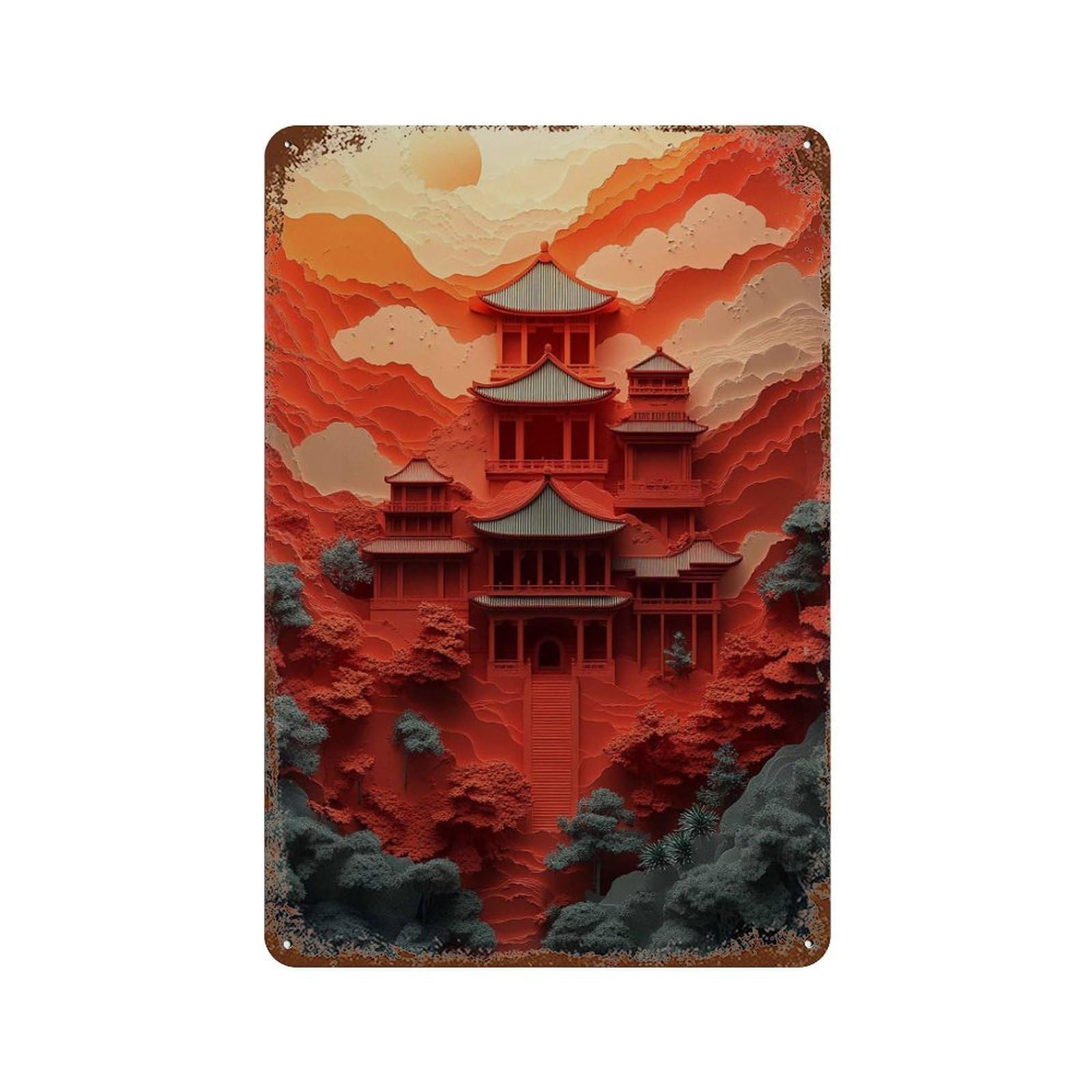 xiaoxiaoshen Red Japanese Pagoda Sunset Mountain Temple Bold Oriental Modern Wall Decor Art Metal Tin Poster Modern Home Decor Art Home Bar Shop Decorations Vintage Sign 30x20cm