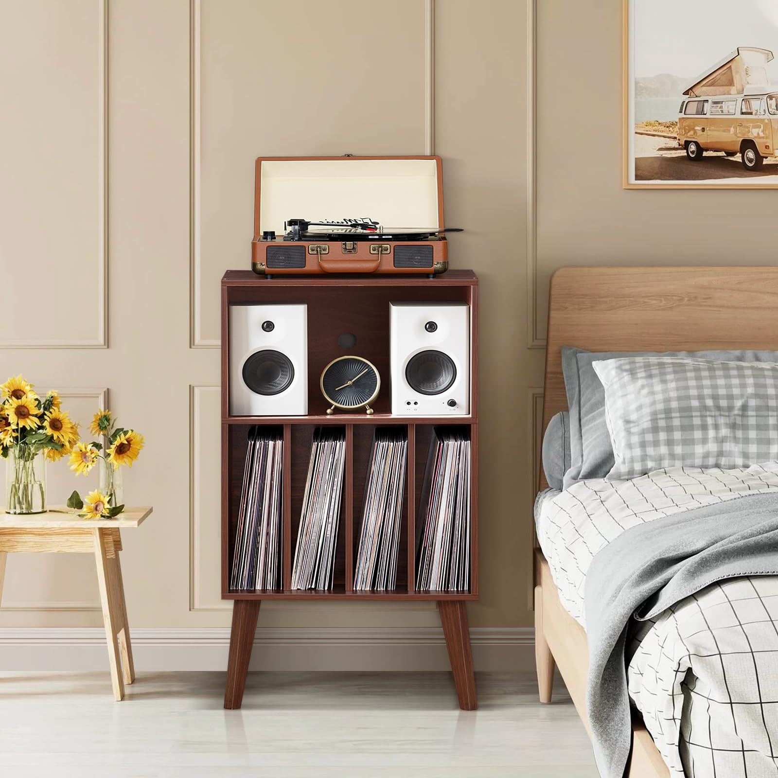 LELELINKY Supporto per giradischi, offre spazio fino a 160 album, supporto in vinile Mid-Century, tavolo con gambe in legno, noce