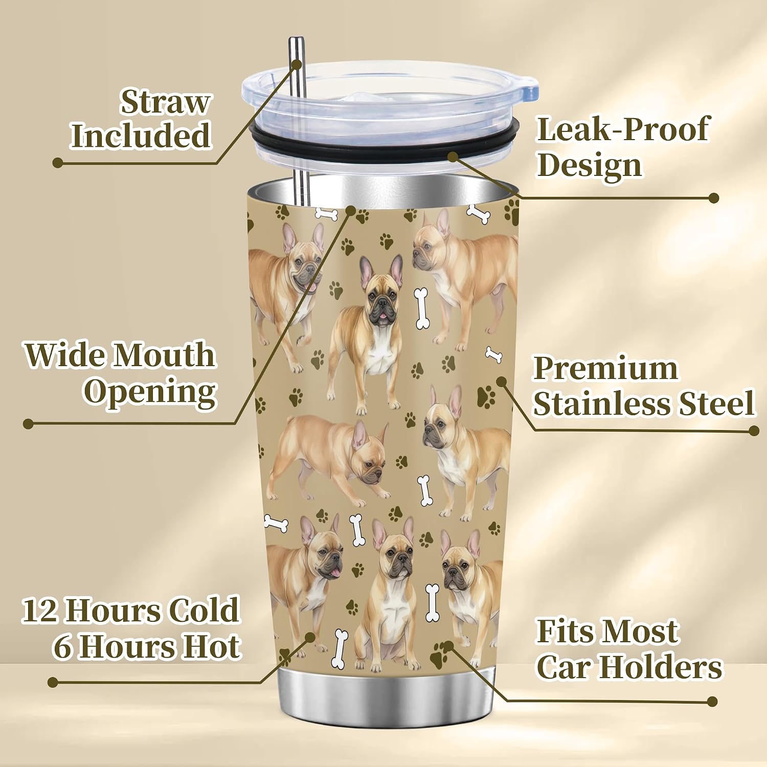 French Bulldog Gifts for Women Men, 20oz Tumbler Travel Cup Mug image 4
