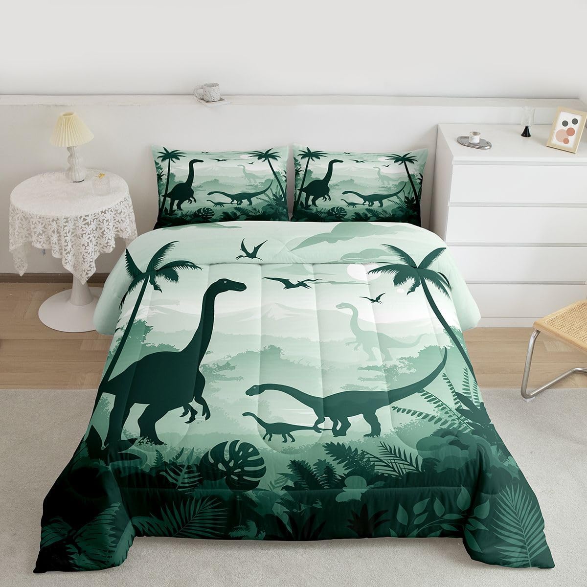 jejeloiu Dinosaur Comforter Set Full Size Jungle Dino Bedding Set for Kids Boys Girls 3D Dino Print Duvet Quilt Bedroom Decor Microfiber 3 Pcs with 2 Pillow Cases image 2