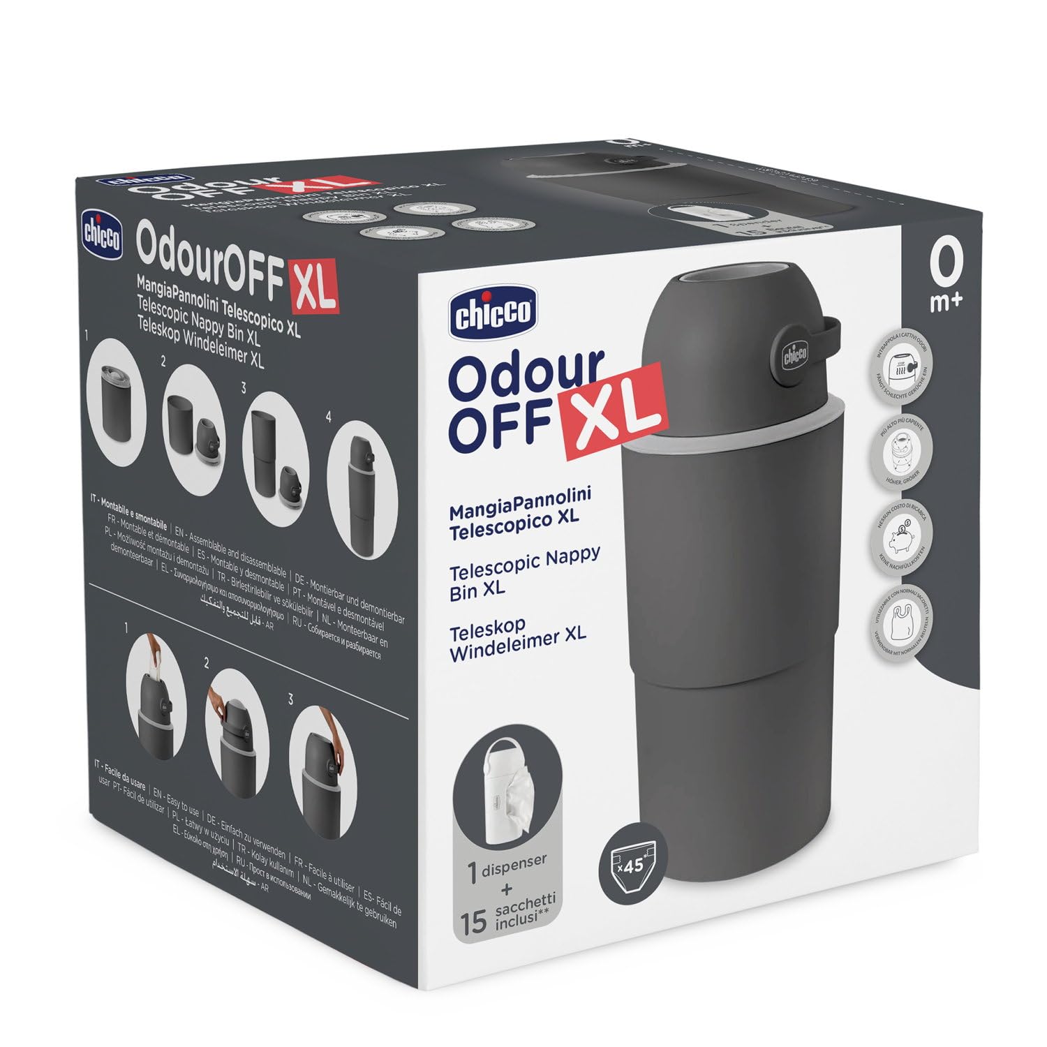 Chicco Pojemnik na Pieluchy XL, kompaktowa i zajmująca niewiele miejsca utylizacja pieluch, 15 worków Odour-Off w zestawie, nie wymaga uzupełniania, używane są zwykłe worki