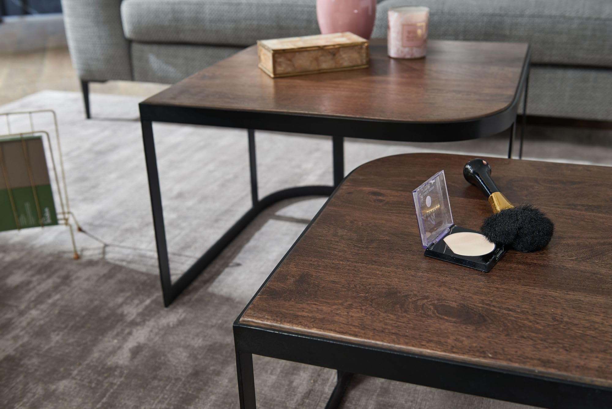 FineBuy Couchtisch 2er Set Mango Massivholz/Metall Wohnzimmertisch Dunkelbraun, Industrial Satztisch Beistelltisch Metallbeine Schwarz, Tischset 2-teilig Satztisch Holz