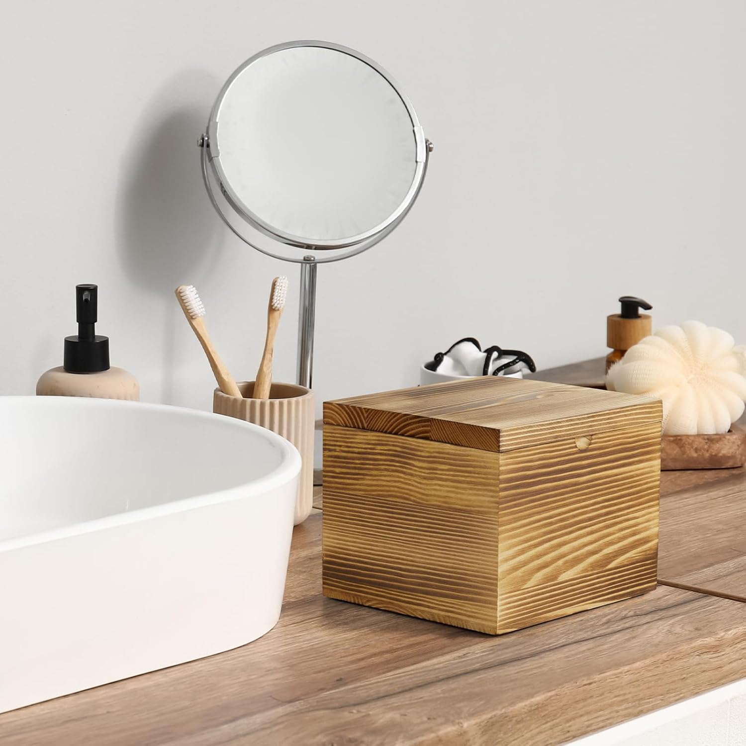 Disposable Face Towel Holder, Burnt Wood Box Compatible with Clean Towels XL(NOT Included), Black Container for Cleansing Facial Dry Wipes, Face Towelettes Bathroom Counter Storage