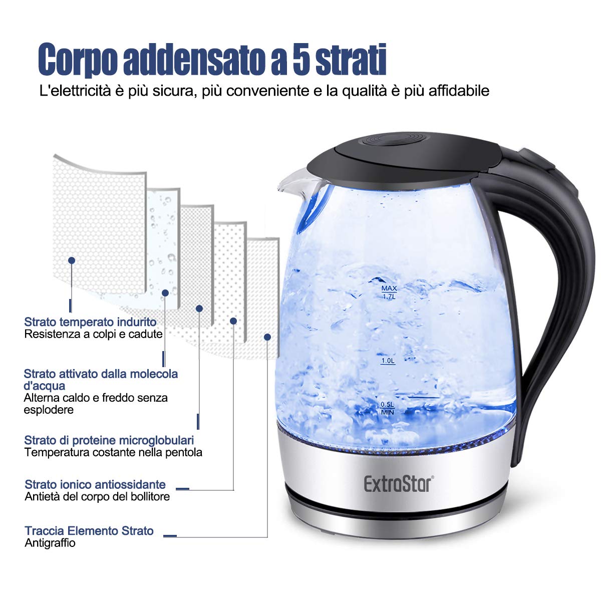EXTRASTAR Hervidor de agua eléctrico, hervidor con luz indicadora LED azul, hervidor eléctrico sin BPA con apagado automático y protección contra ebullición en seco Acero Inoxidable 1.7L