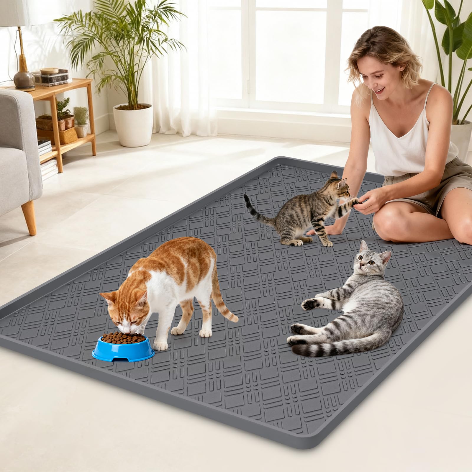 Katzenfuttermatte, 106,7 x 73,7 cm, große Silikonmatte, Katzenfuttermatte mit erhöhtem Rand, rutschfeste Futtermatte für Futter- und Wassernapf, leicht zu reinigen, Bodenschutz (Dunkelgrau)