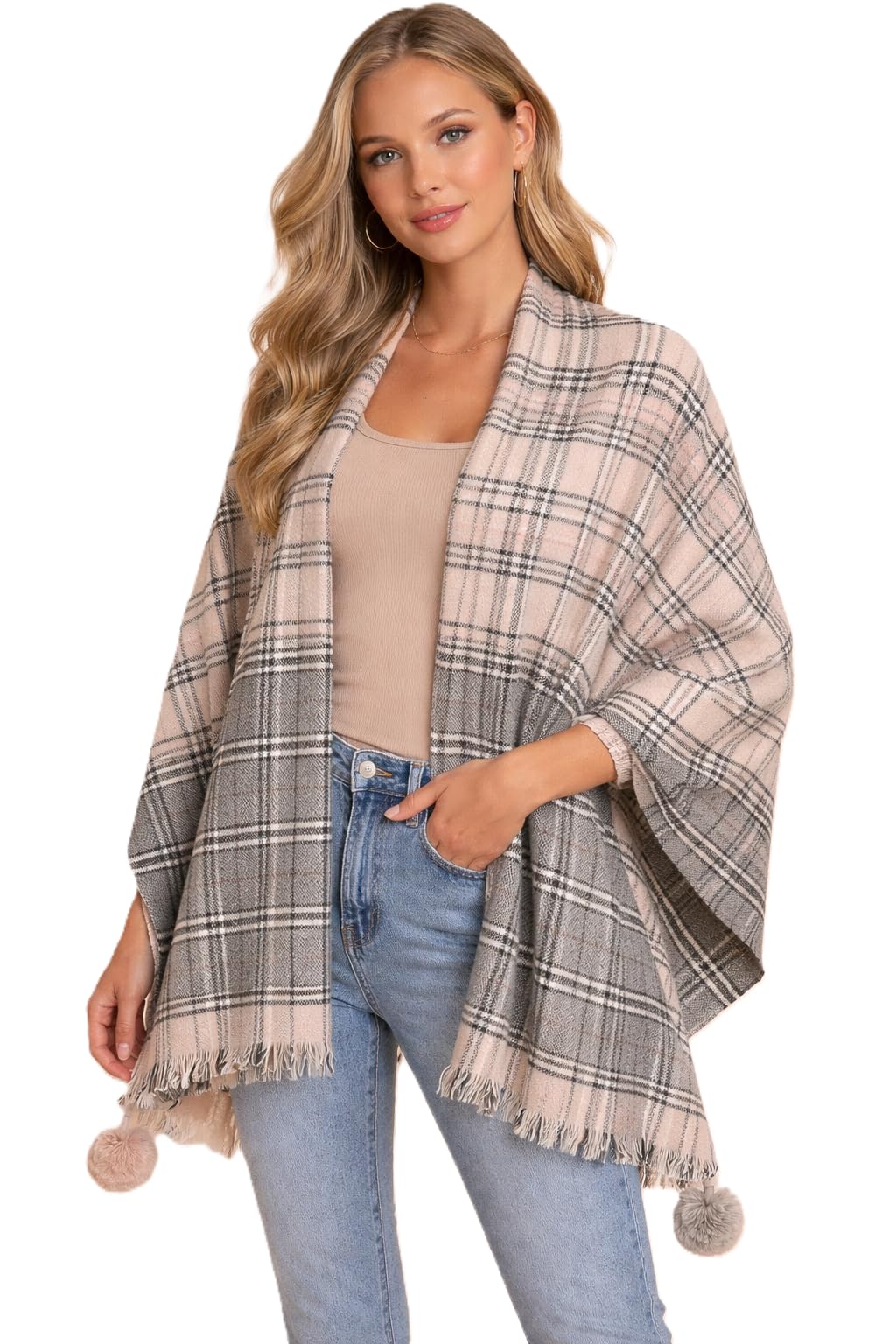 Luxury Women's Plaid Shawl Wrap, Brown and Beige, Fringed Hem with Pom Pom Detail, Winter-image-47