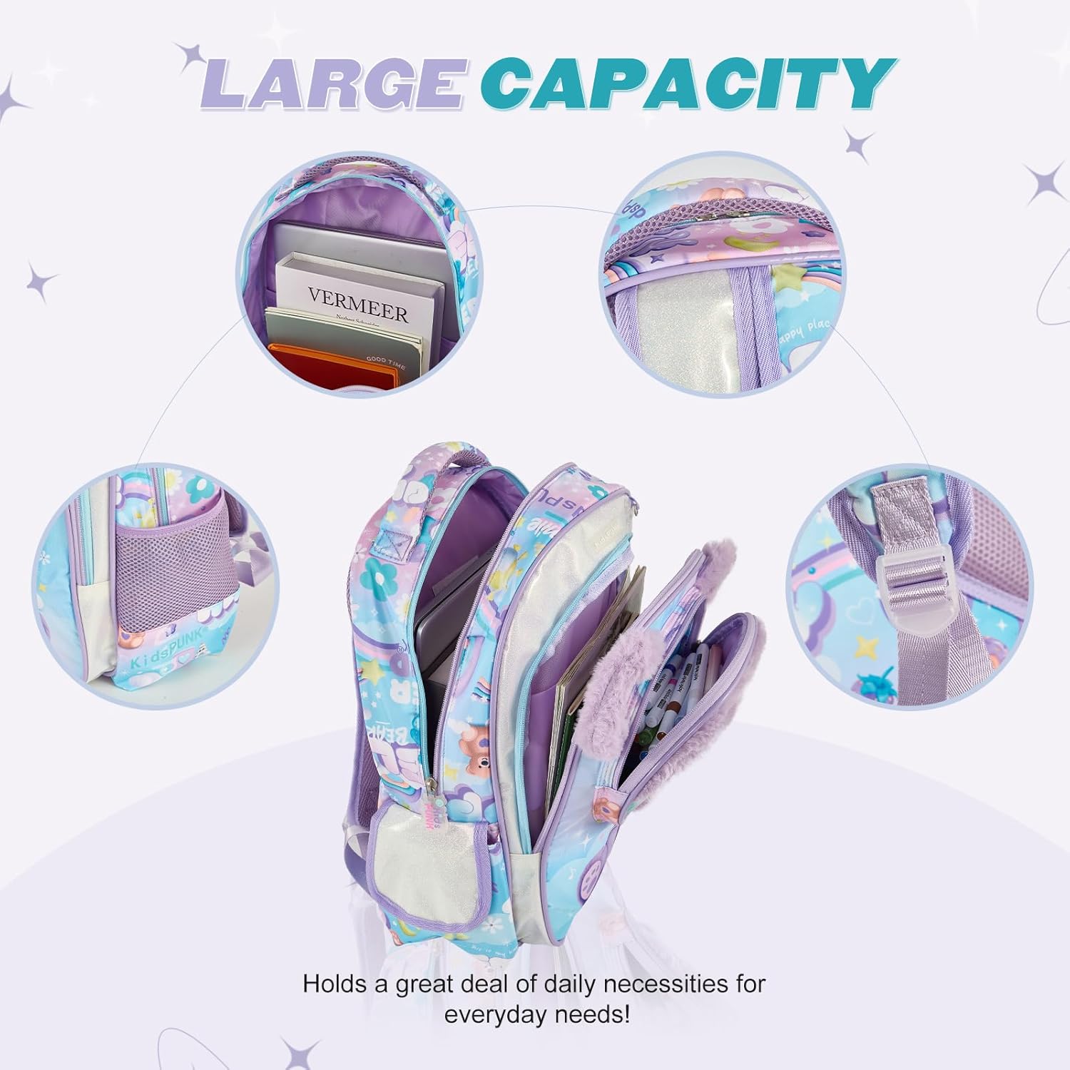 Girls Backpack Kids Backpacks for Girls Cute Bear Backpack Kawaii Backpack for Preschool Elementary Kindergarten,Purple Color,Large Capacity,16 Inch - Image 2