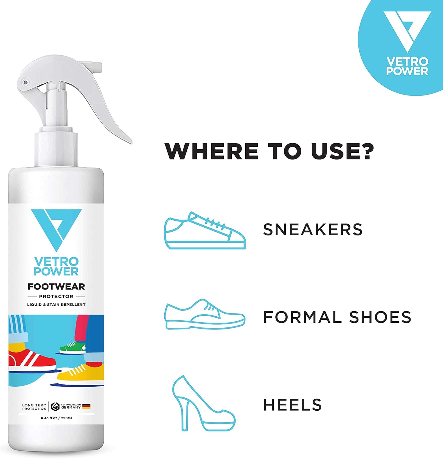 Vetro Power Shoe Protector Spray Long Lasting Water Stain Protection All Types of Shoes Suede Nubuck Fabric 250ml (1-pack)