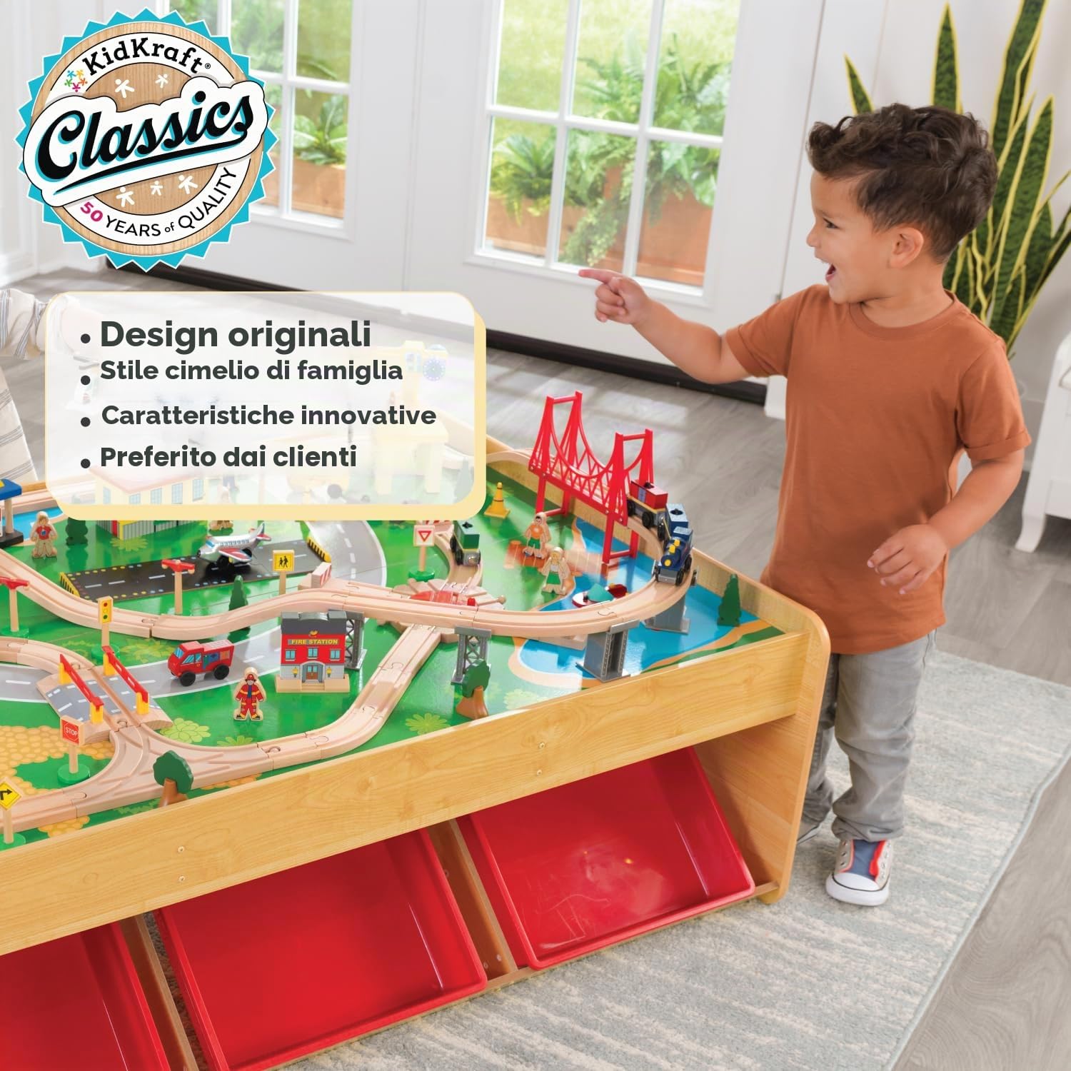 KidKraft Tavolo e Pista Trenino Waterfall Mountain in Legno per Bambini con Contenitori, Veicoli in Legno come Auto, Elicottero, Gru ed Aereo Giocattolo per Bambini 3+ Anni, 17850