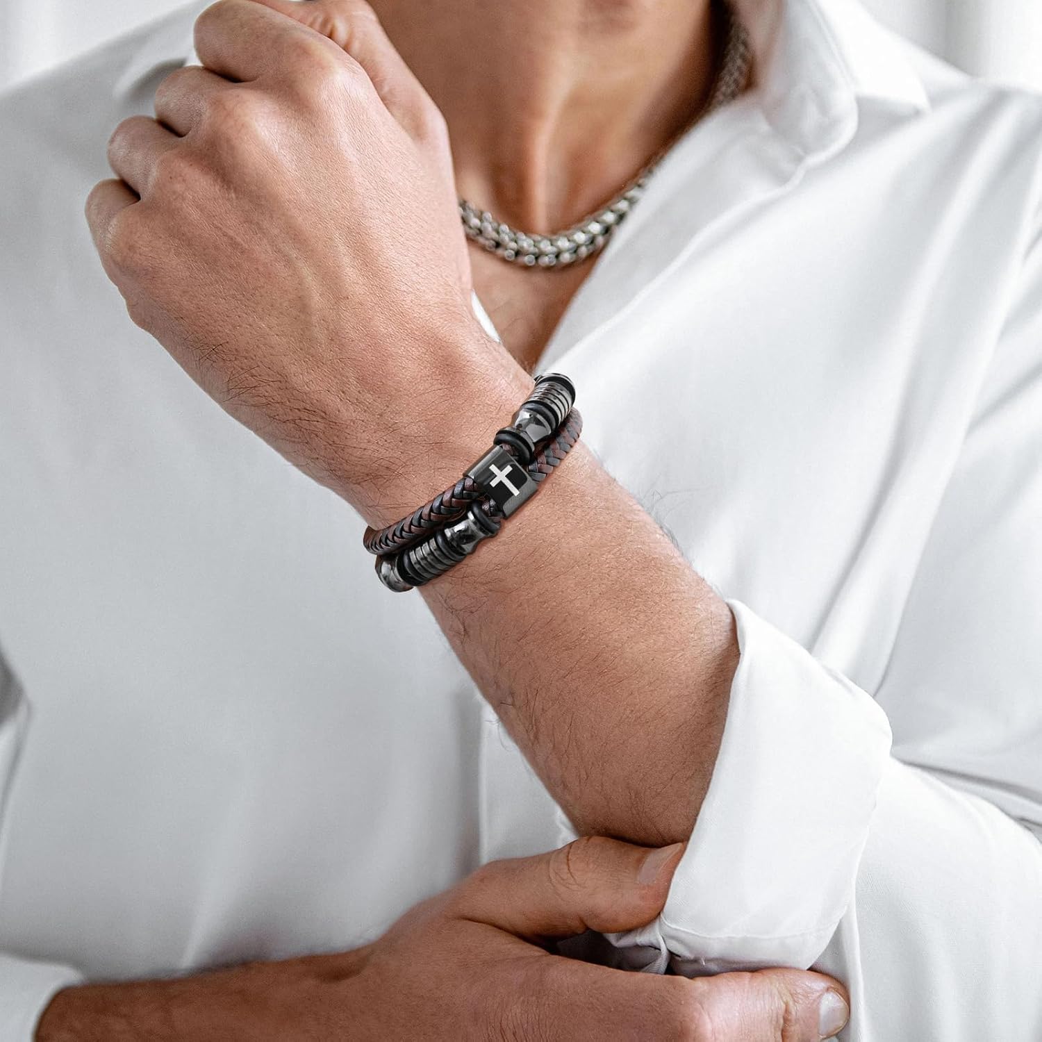 Christian Brown Leather Bracelet for Men - Double-Row Braided Leather Faith Cross Bracelets Bangle Religious Baptism Inspirational Bible Verse Jewelry Gift for Young Men Teenage, Adjustable Wristband - Image 8