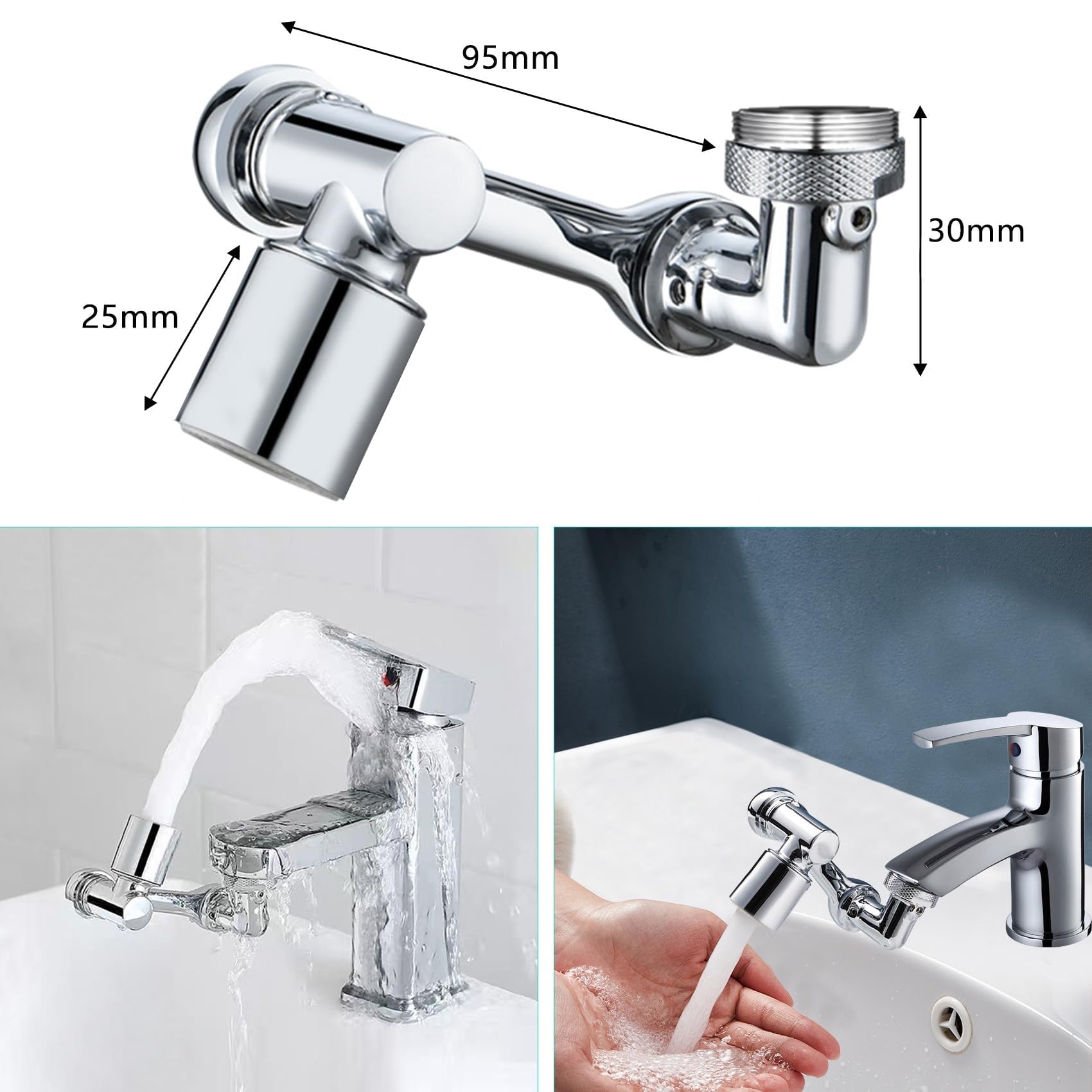 Rubinetto Rotante 1080 Gradi, Prolunga Rubinetto Allungabile con Rotazione 360 per Bagno, Snodo per Estensione Lavandino Cucina in Ottone, Areatore Rompigetto con Filtro Antispruzzo, M20 M22 M24