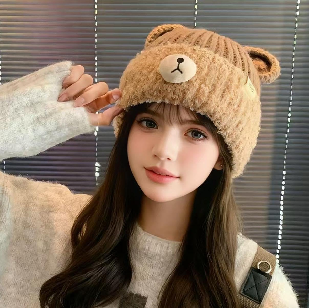 Crochet Beanie Bear Ear Cute Shape Knitted Hats Warm Plush Slouchy Winter Hat Skin-Friendly Fuzzy Animal Skull Cap - Image 2