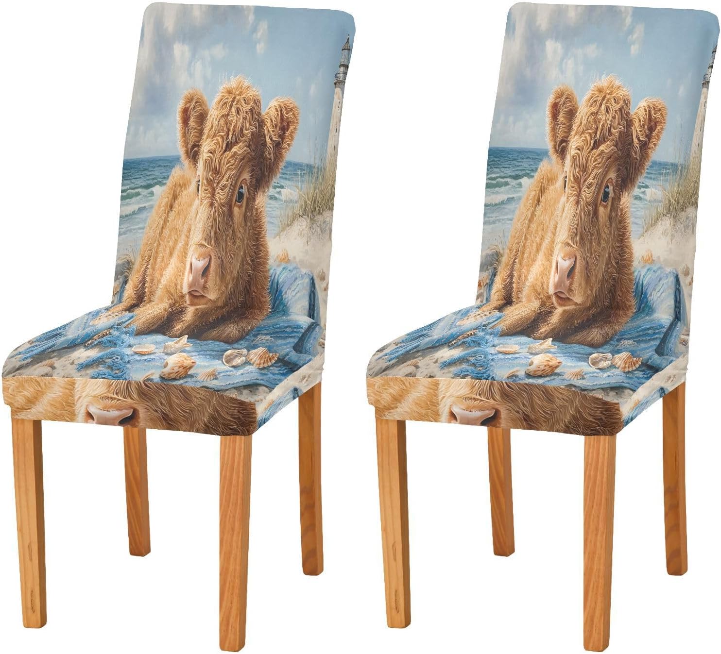 ALAZA Chair Covers for Dining Room, Highland Cow Beach Stretch Chair Cover Sets Chair Protector Removable Washable for Ktichen Restaurant Hotel