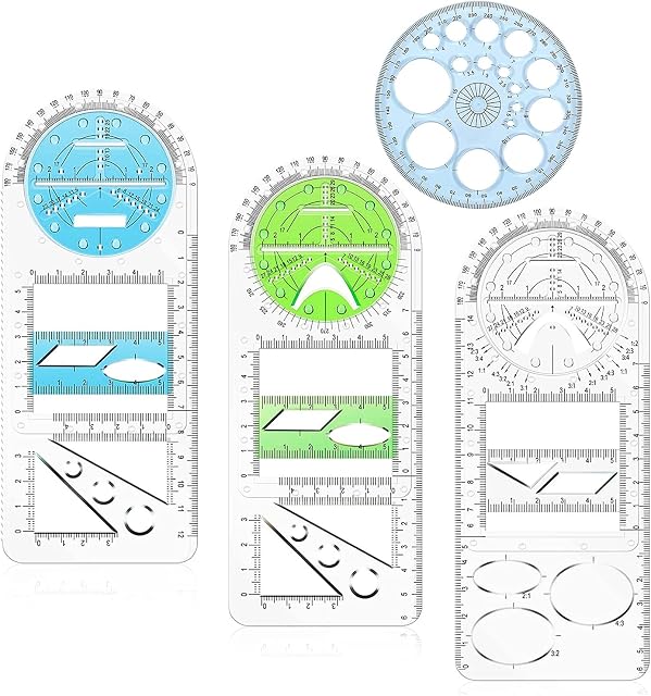 Multifunctional Geometric Ruler,Plastic Transparent Mathematics Drawing Ruler, 360 Degree Protractor Drawing Template Measuring Tool Draft Rulers for Student School Office 4PC