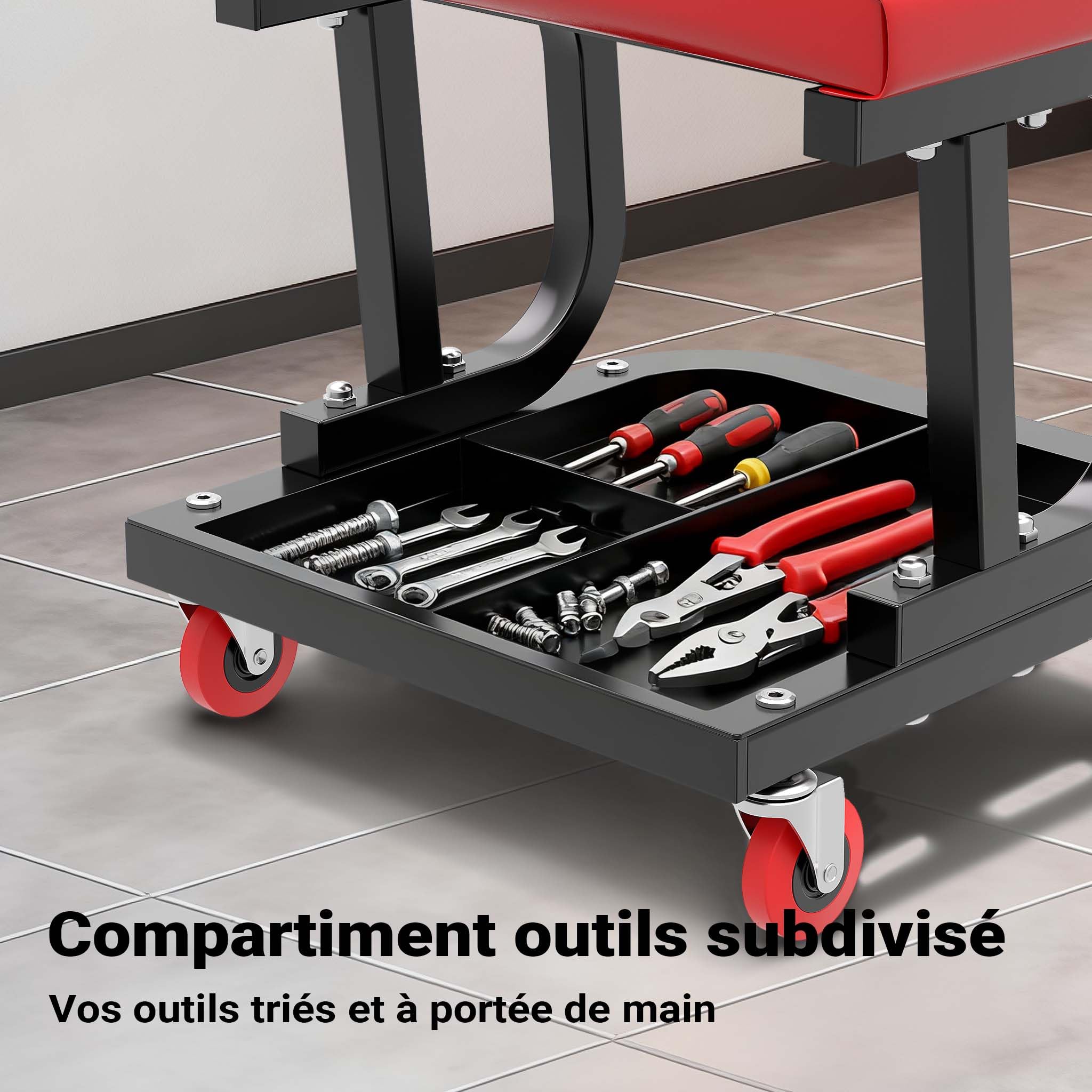 WilTec Tabouret de mécanicien 37,5 x 36 x 38,5 cm Noir Rouge Servante d’Atelier Mobile sur Roulette Plateau Outils Inclus Rangement Garage Jardinage Ergonomie Chariot de Visite