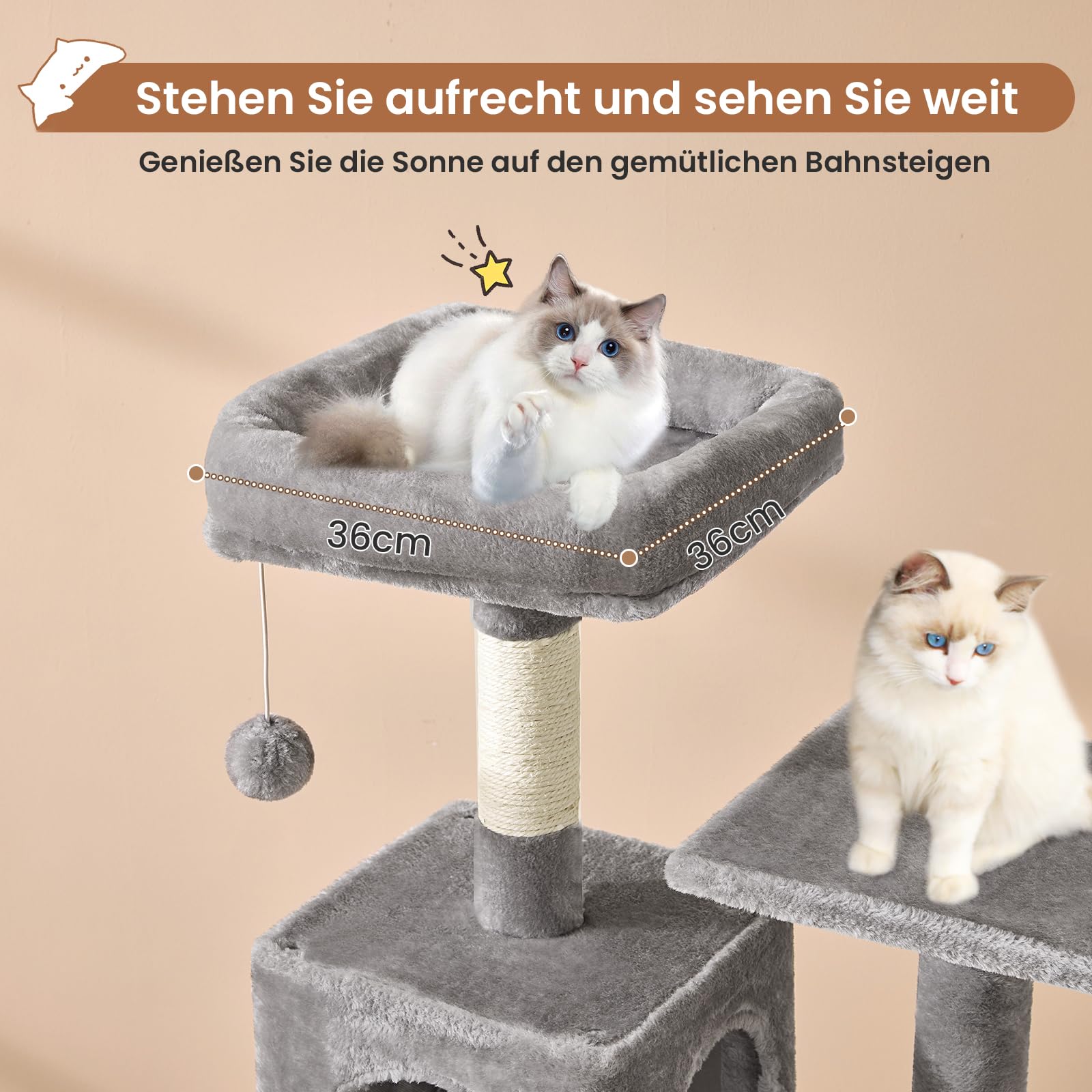 MSmask Kratzbaum groß, L Katzenkratzbaum Stabil, Katzenbaum mit Katzenhöhlen, Plattformen, Hängematte, Sisalsäulen, mehrstöckiger Kletterbaum (Hellgrau, 150 cm)